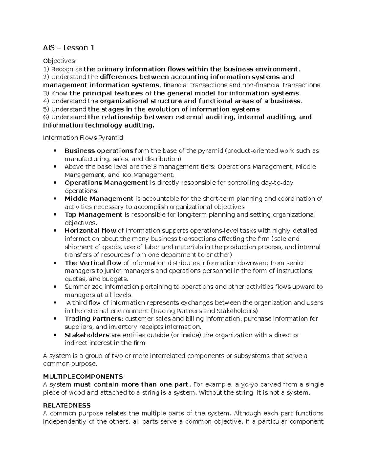 AIS - Chapter 1 Notes - AIS – Lesson 1 Objectives: Recognize the ...