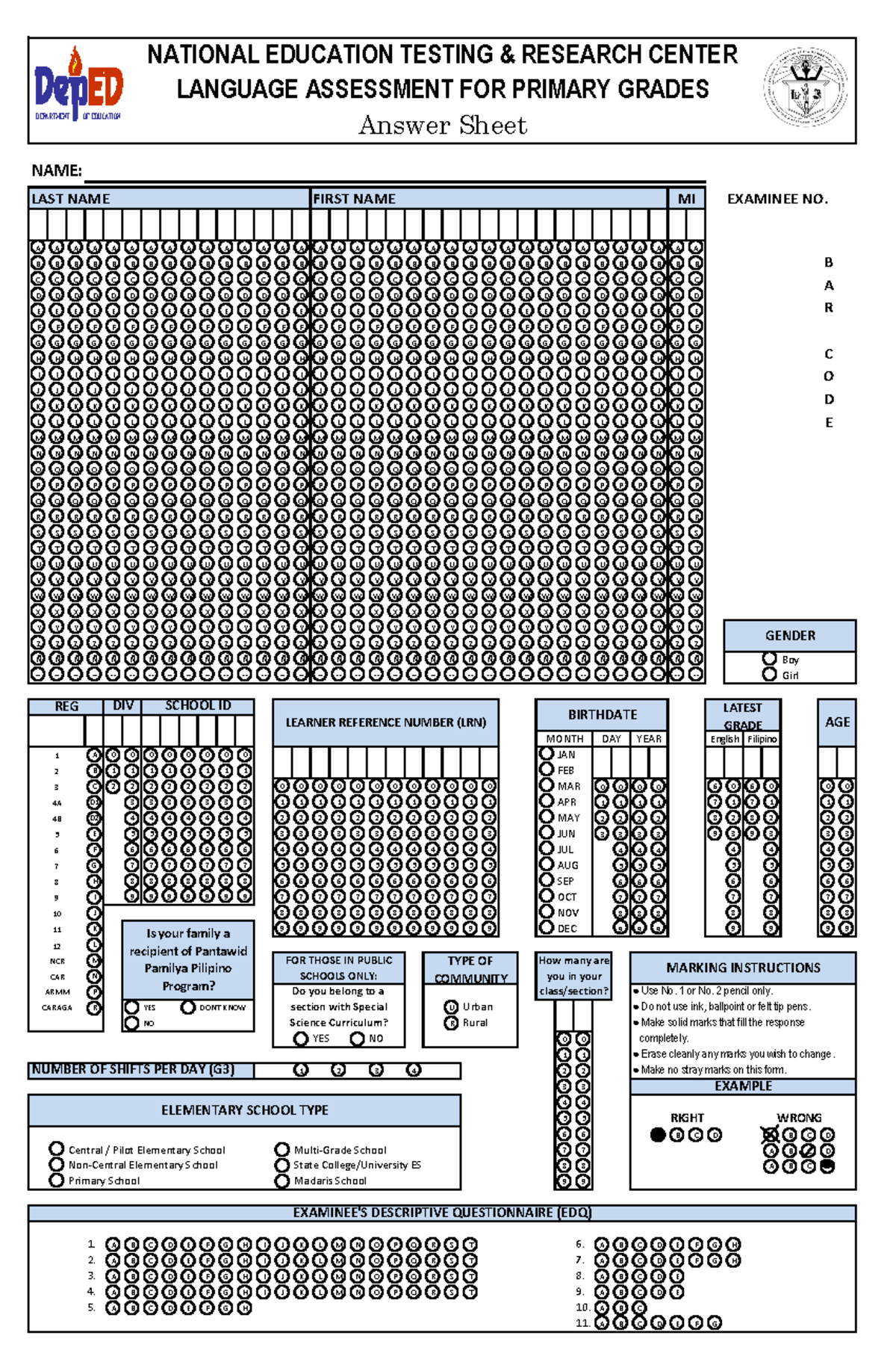 Answer Sheet - ELLNA 2023-2024 MATH, ENGLISH AND FILIPINO - LAST NAME ...