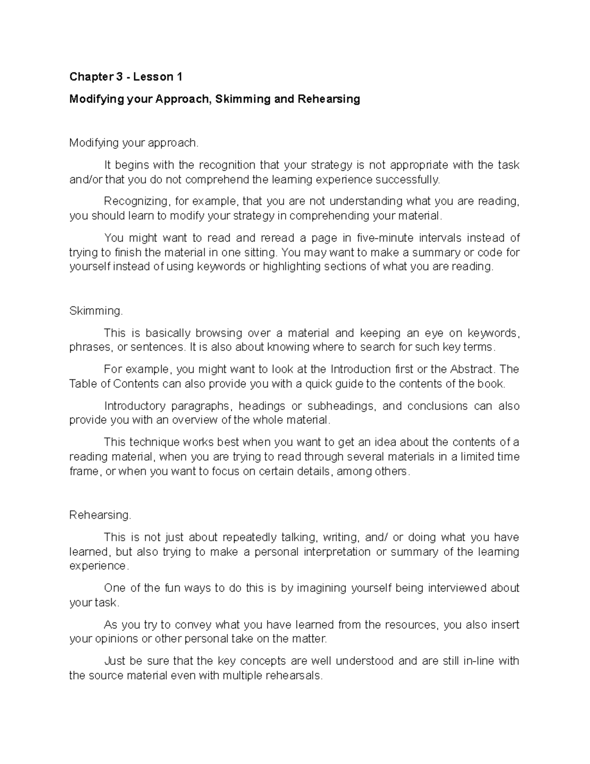 Modifying your Approach, Skimming and Rehearsing - Chapter 3 - Lesson 1 ...
