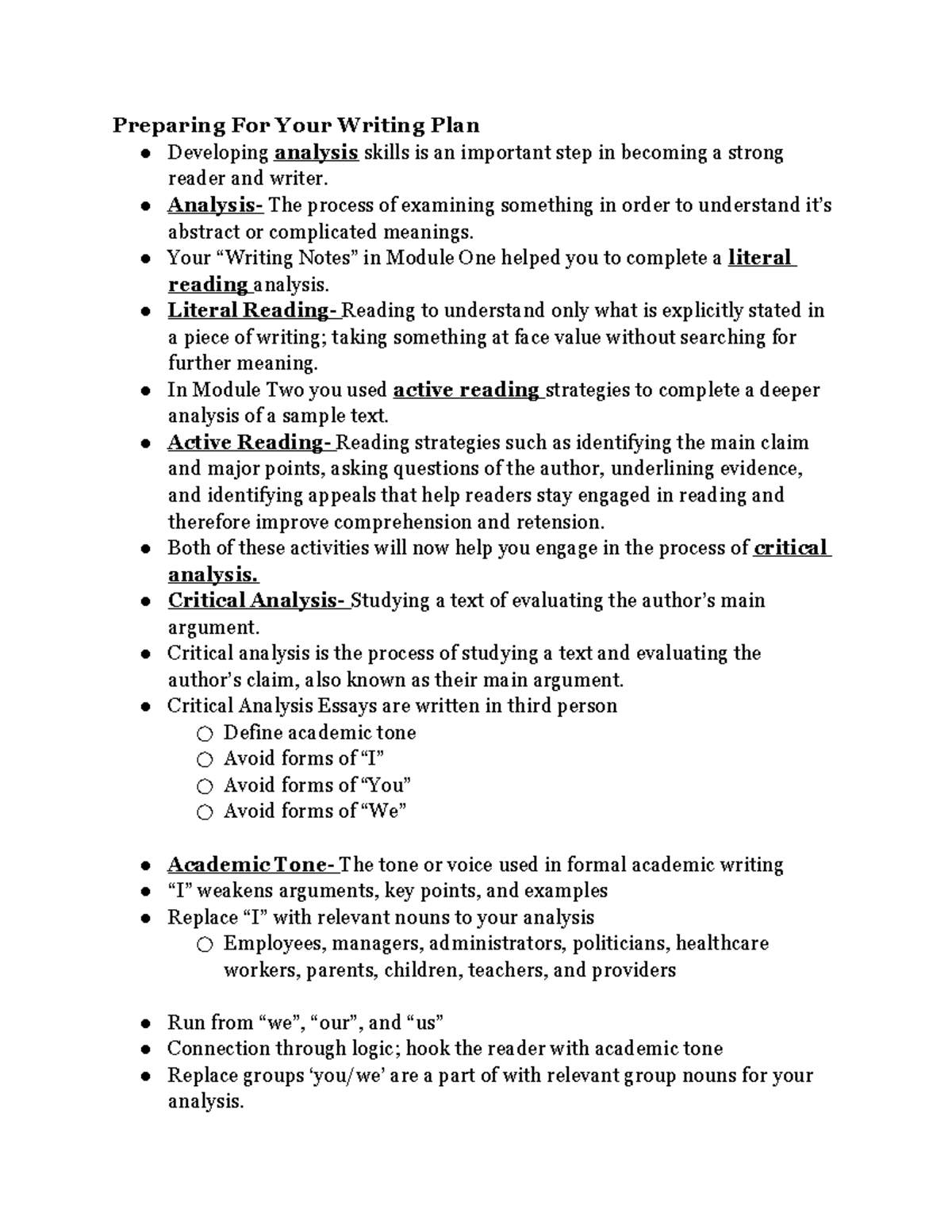 Module 3 Notes - Preparing For Your Writing Plan Developing analysis ...