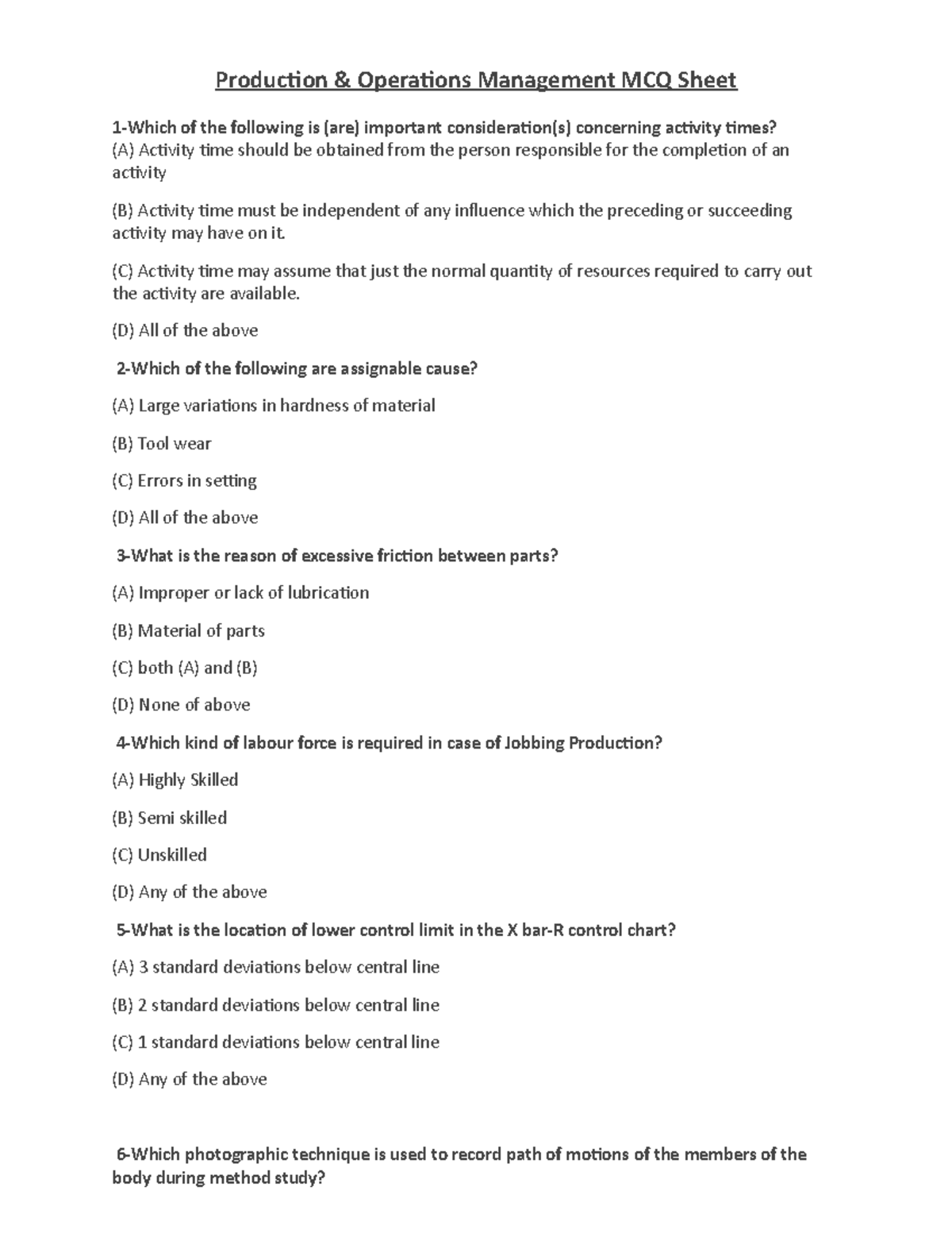 POM MCQ Sheet 2 - POM MCQ - Production & Operations Management MCQ ...