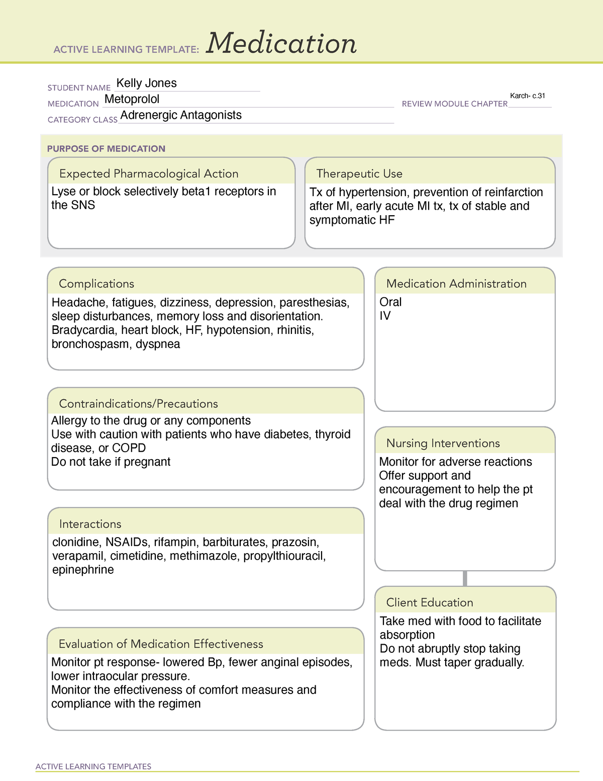 ATI Med Metoprolol ATI Med ACTIVE LEARNING TEMPLATES Medication