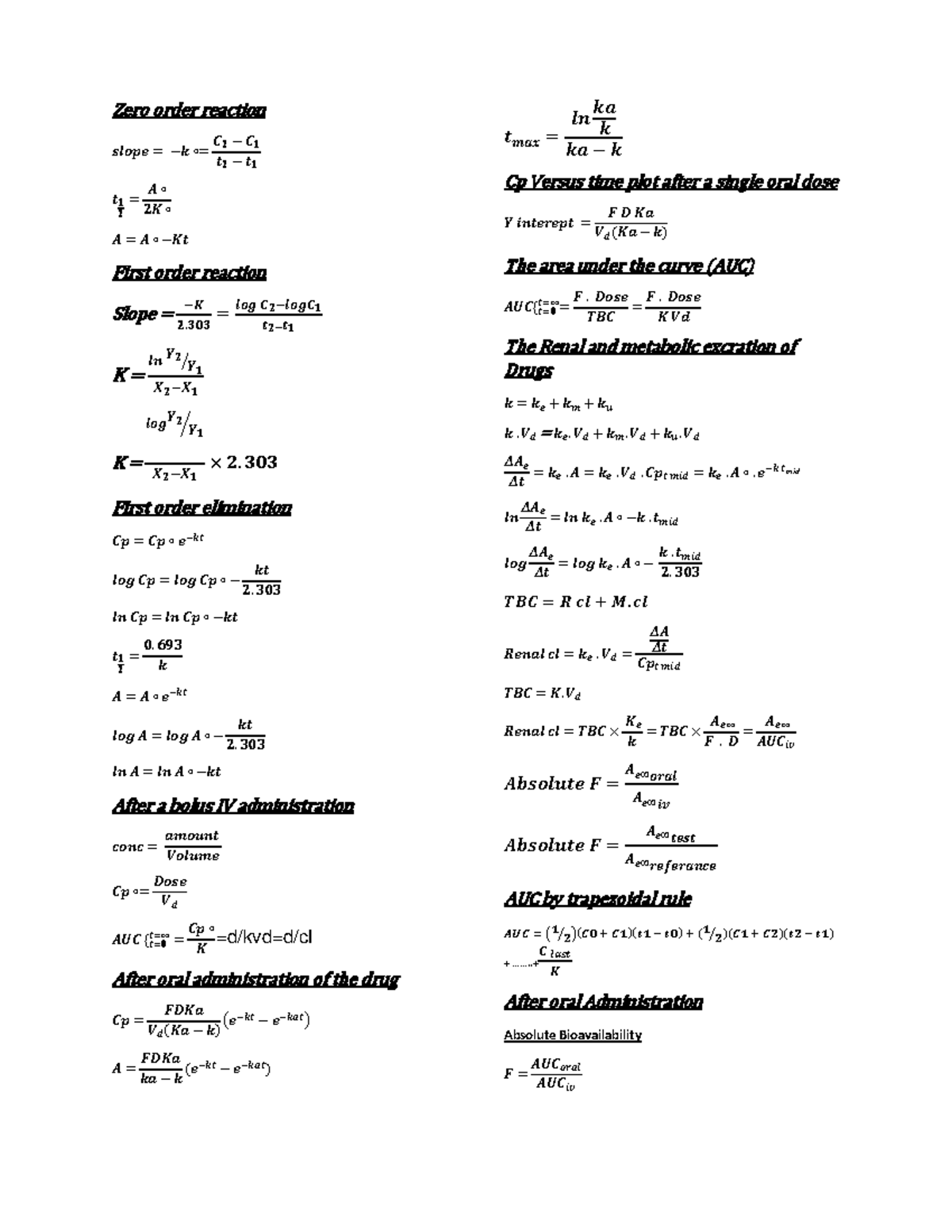 Modified equation - Pharmacokinetics - Zero order reaction First order ...