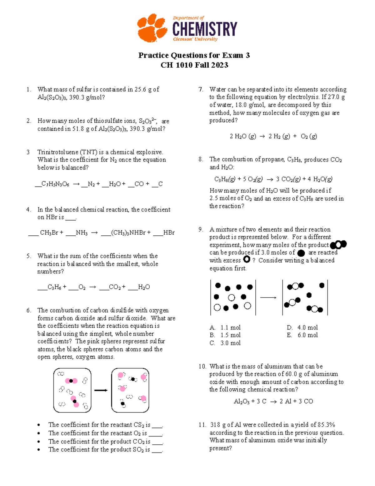 Practice Questions for Exam 3 CH 101 0 Fall 2023 - Practice Questions ...