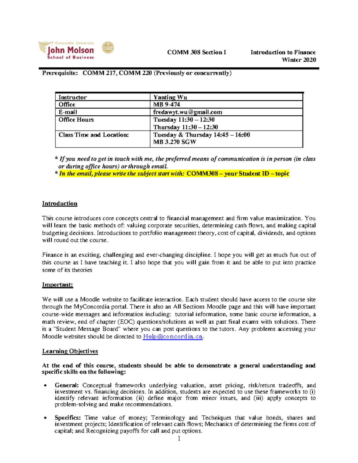 Intro to Finance Outline - COMM 308 - Concordia - Studocu