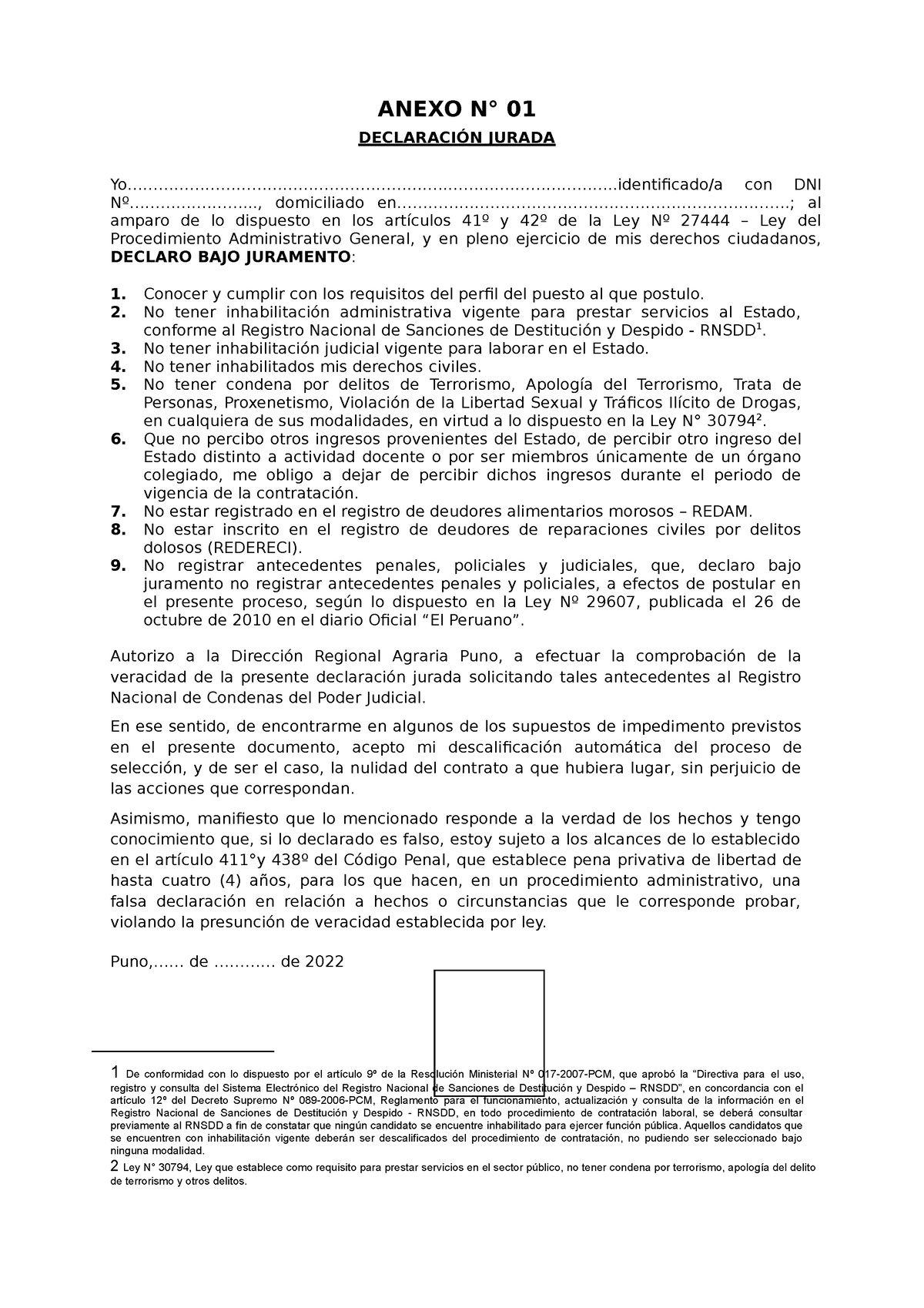 Anexo CAS 008 2022 - .-.-.-.-.-. - ANEXO N° 01 DECLARACIÓN JURADA - Studocu