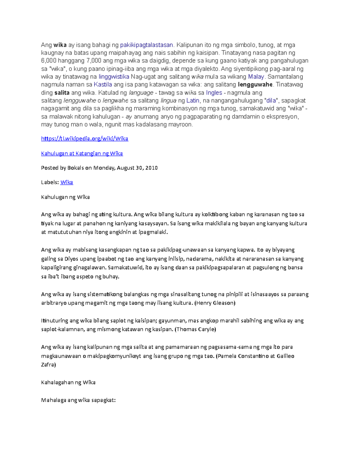 Kahulugan at Katangian ng Wika Labels Wi Ang wika ay isang bahagi ng