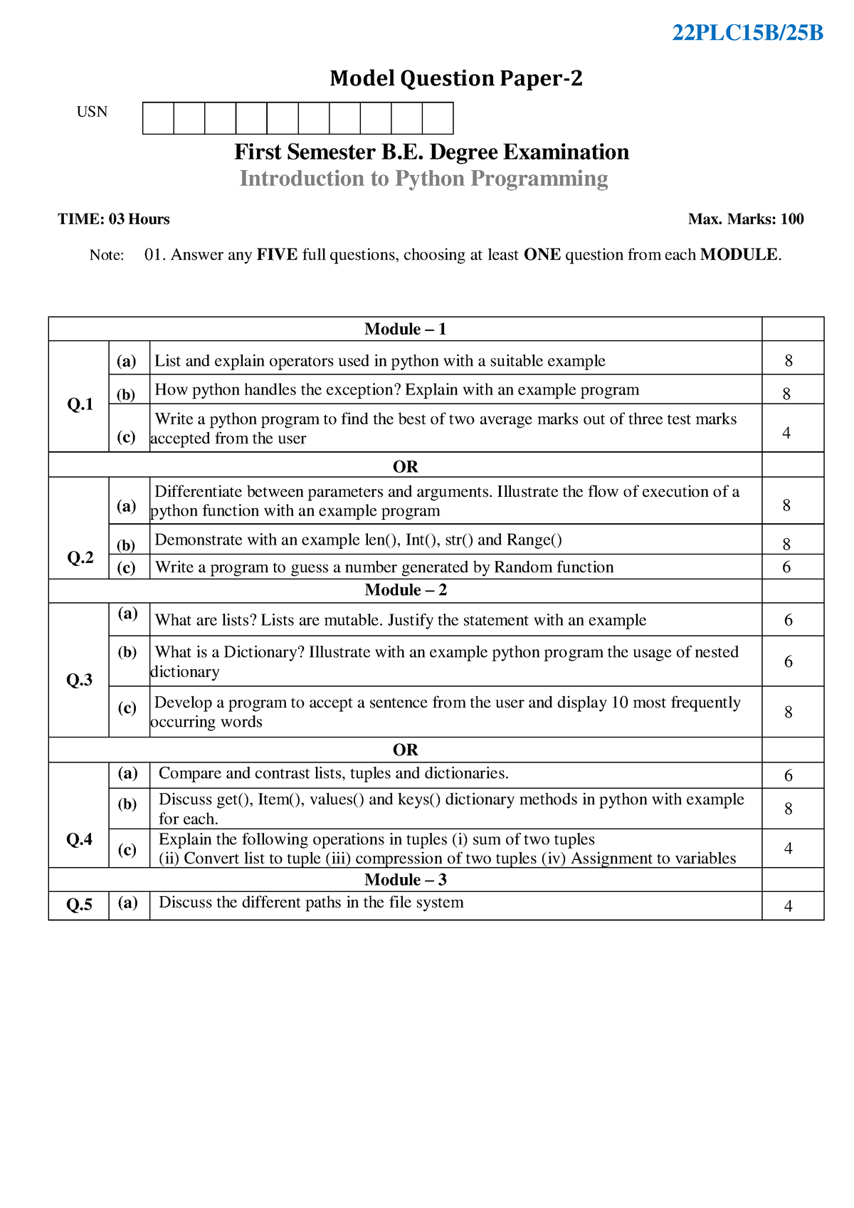 Model paper -02 - 22PLC15B/25B Model Question Paper- USN First Semester ...