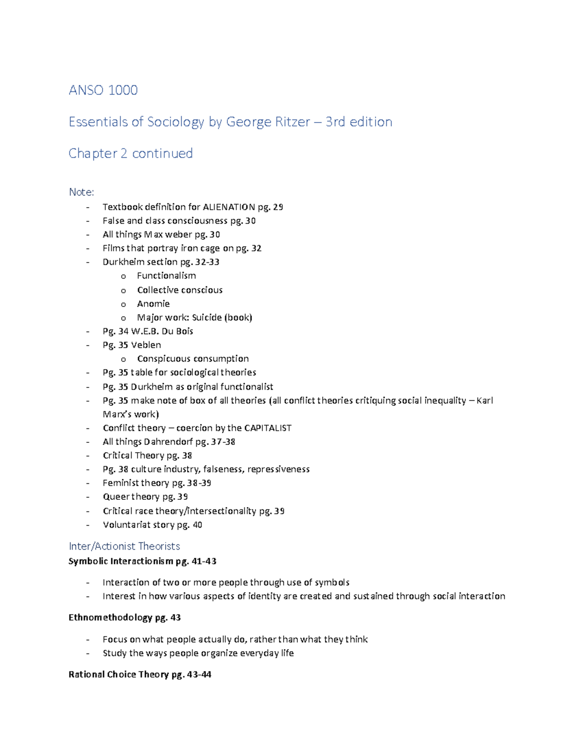 ANSO 1000 lecture notes - ANSO 1000 Essentials of Sociology by George ...