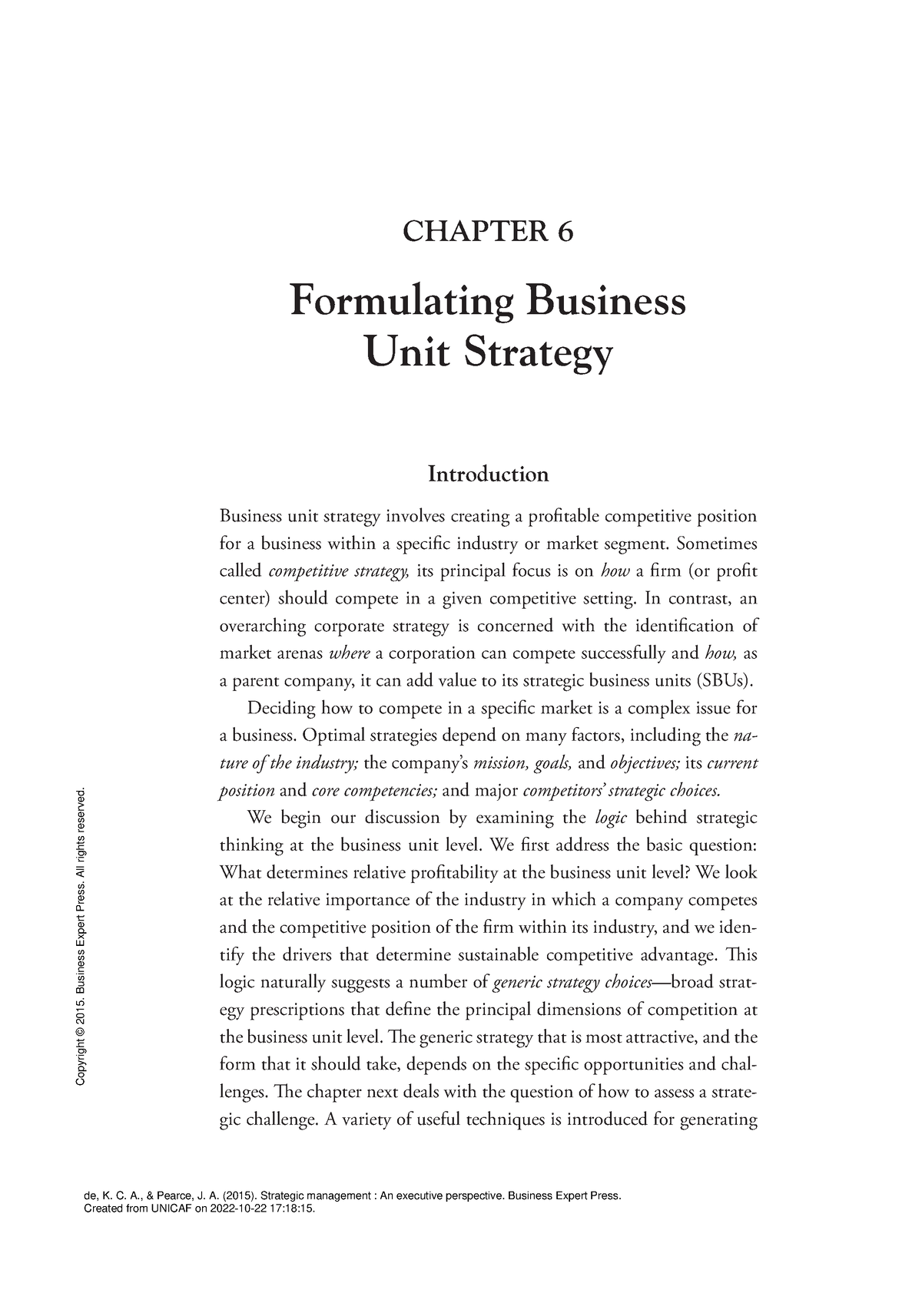 Strategic Management An Executive Perspective - ( Chapter 6 Formulating ...