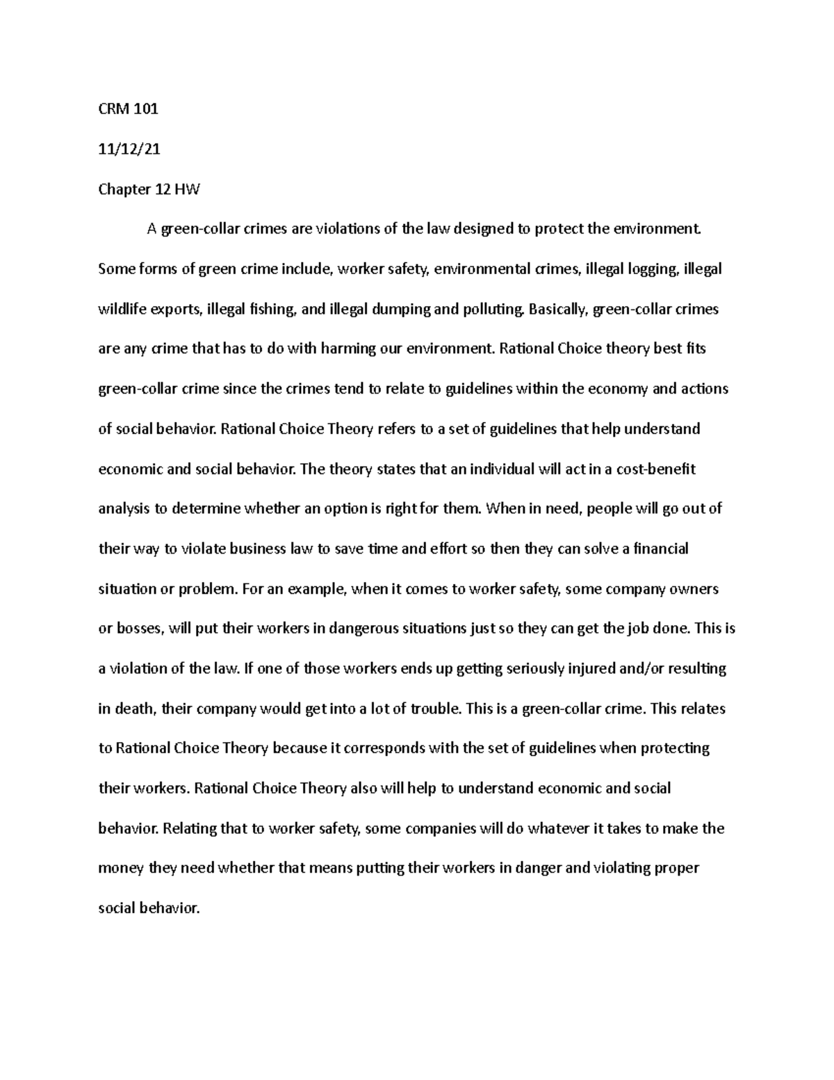 Chapter 12 HW CRM 101 11/12/ Chapter 12 HW A greencollar crimes are