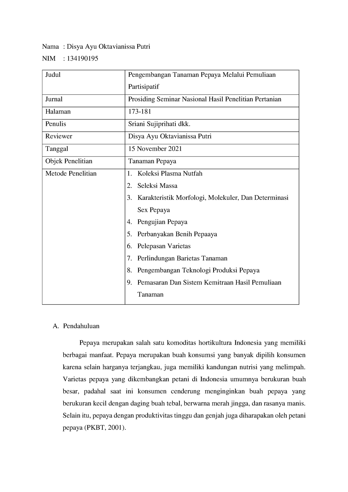 Tugas Metode Pemuliaan Tanaman Semusim Tanaman Pepaya - Nama : Disya ...