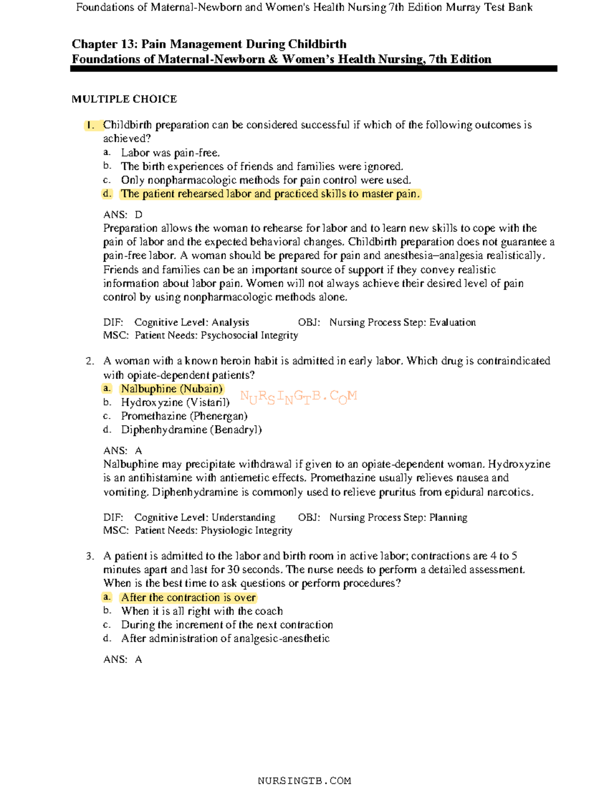 Maternity Nursing Chapter 13 Practice Questions - NURSINGTB Chapter 13 ...