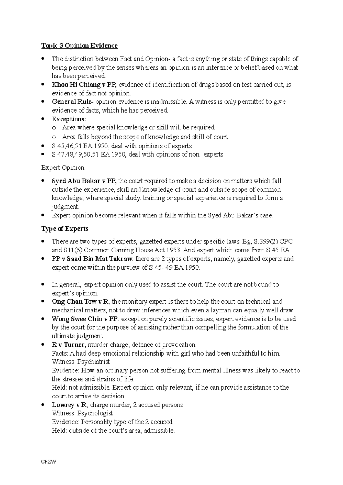 Topic 3 Opinion Evidence Simple Notes - Topic 3 Opinion Evidence The ...