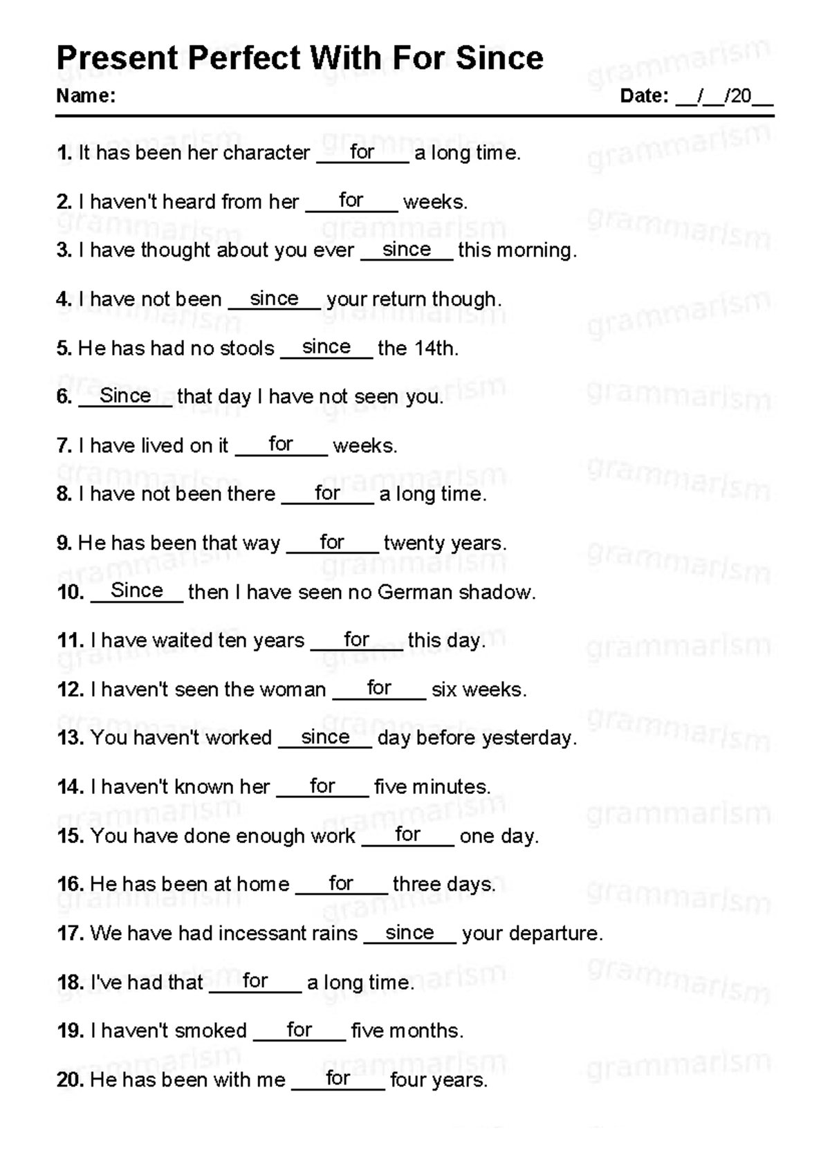 Grammarism present perfect with for since test 2 solved - Present ...