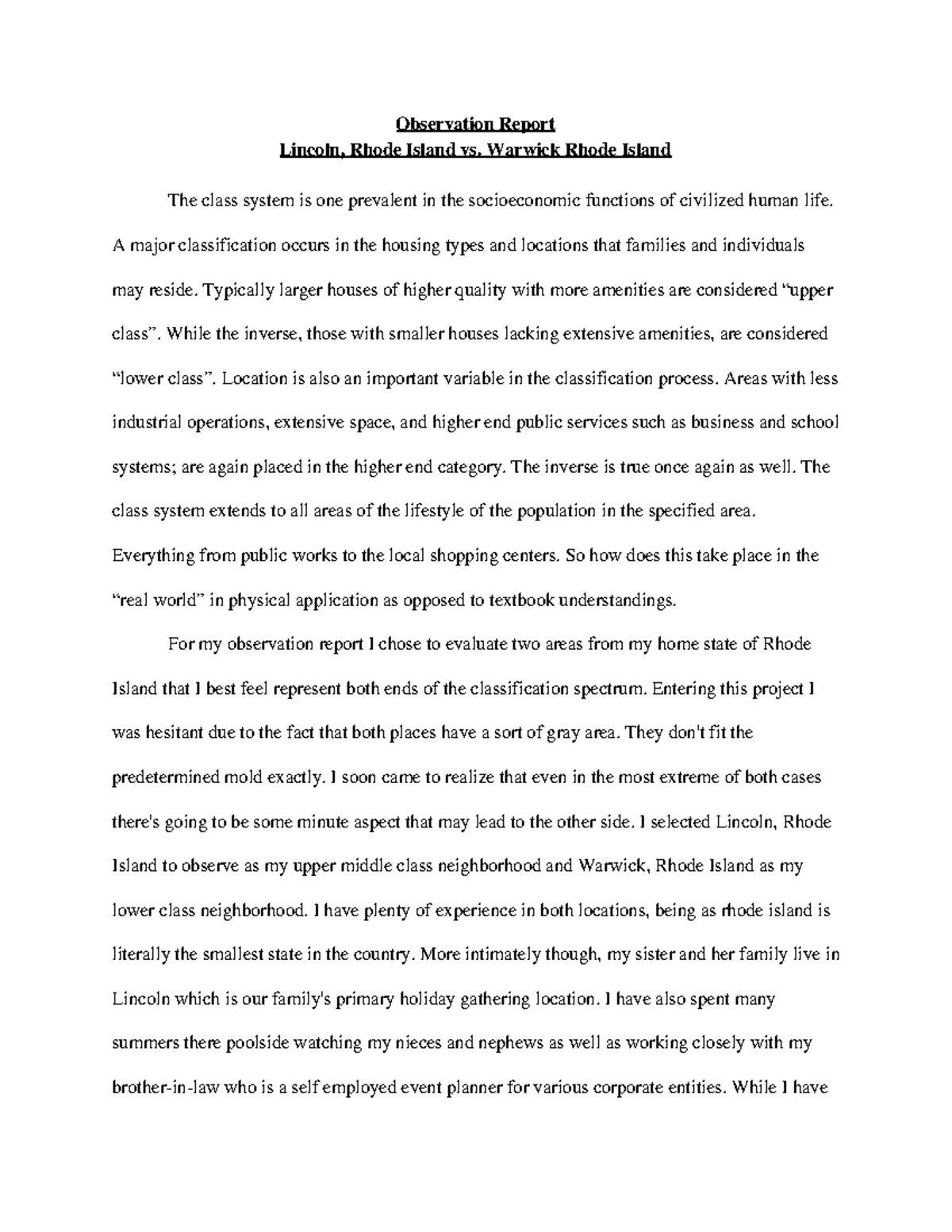 Soc Observation Report **Observation Report Lincoln, Rhode Island