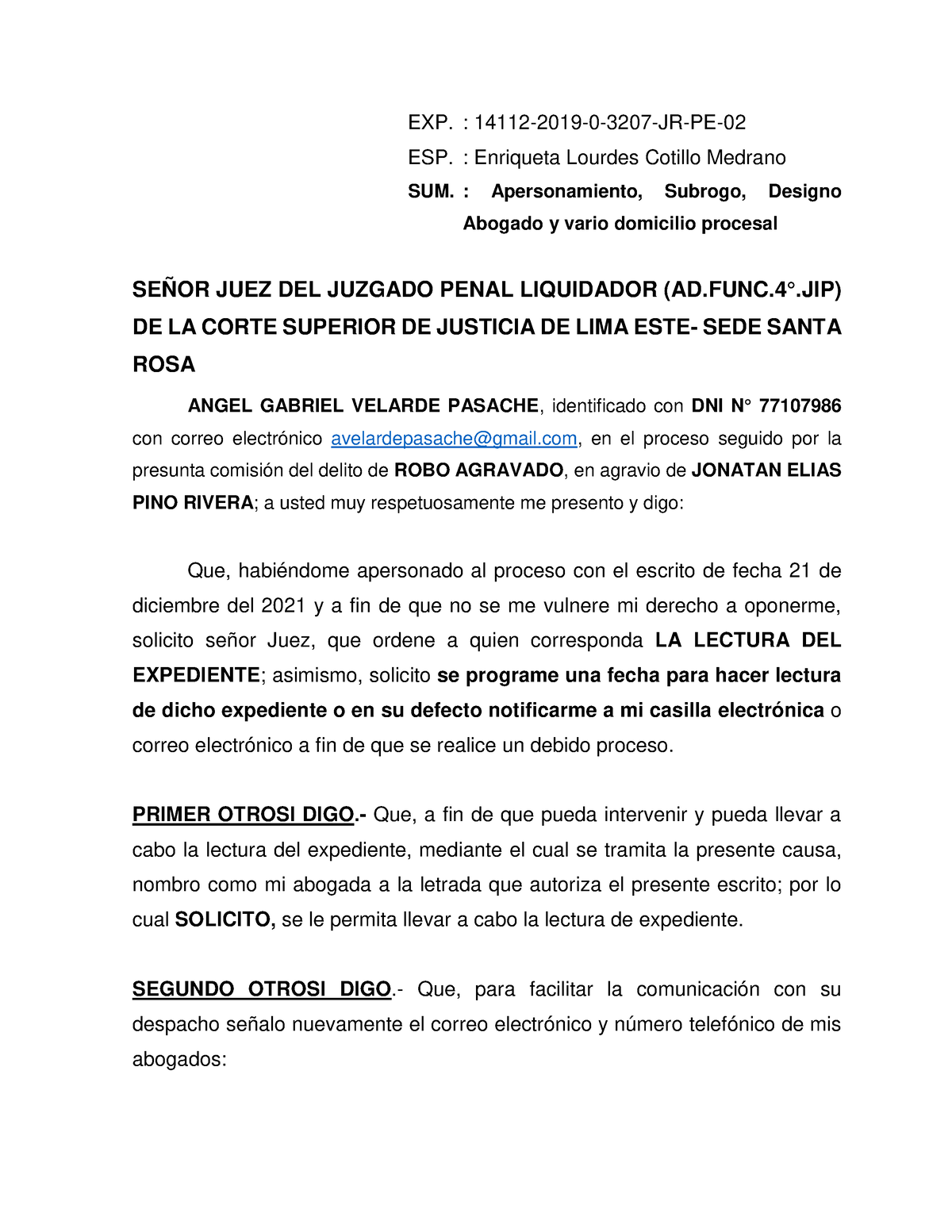 Lectura De Expediente. Angel Velarde Pasache - Exp. : 14112-2019-0-3207 