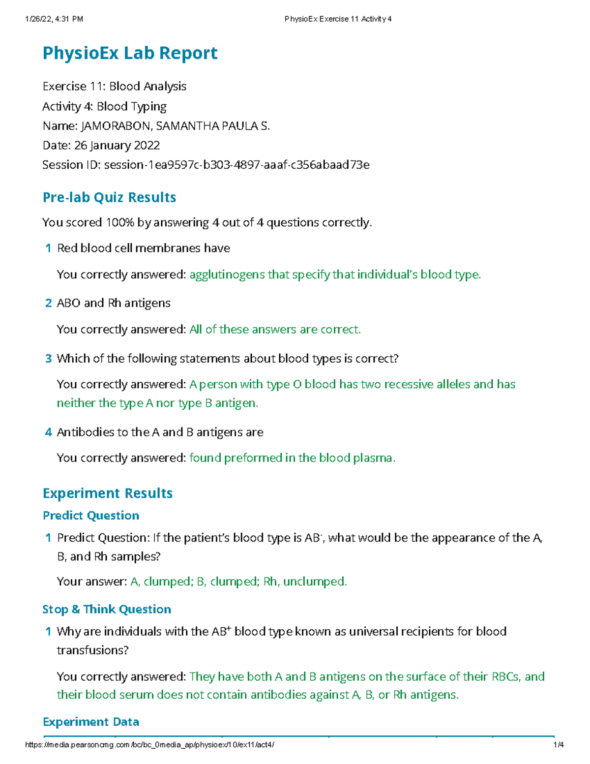 Physio Ex Exercise 11 Activity 4 Blood Typing PhysioEx Lab Report Exercise 11 Blood Analysis