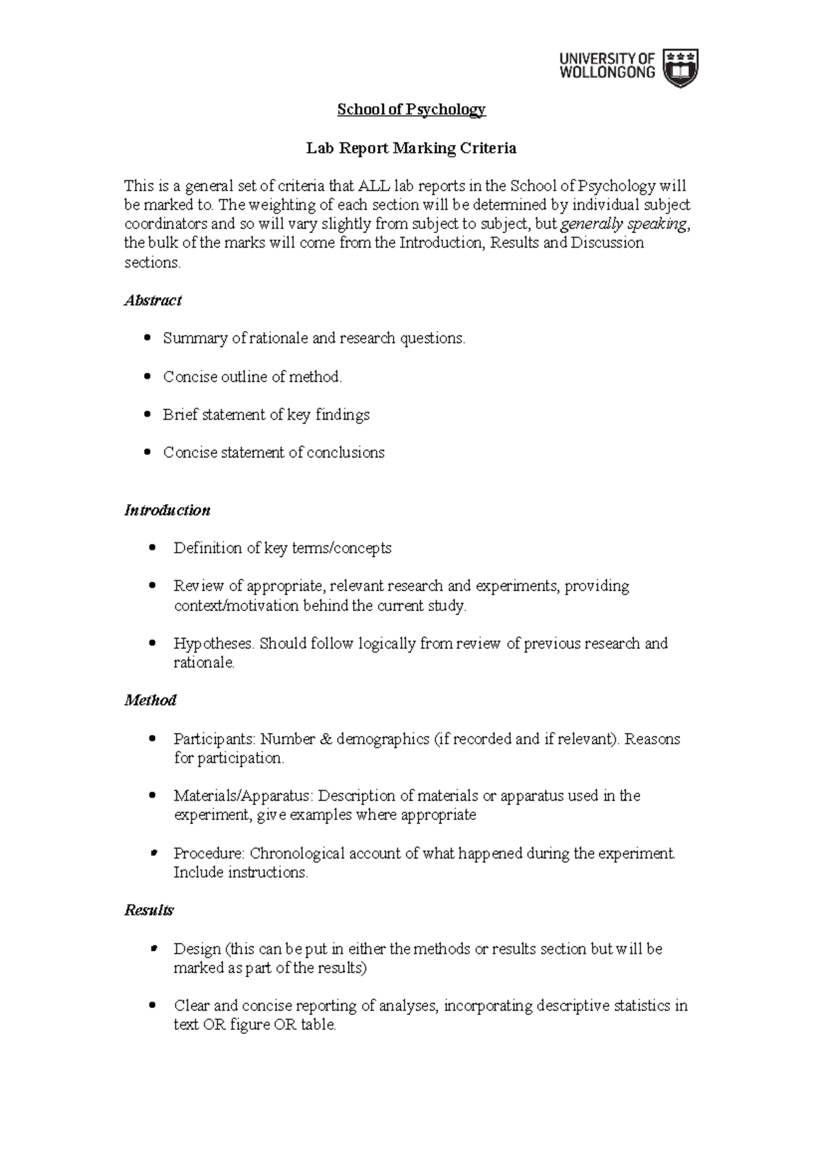 Lab report writing - School of Psychology Lab Report Marking Criteria ...