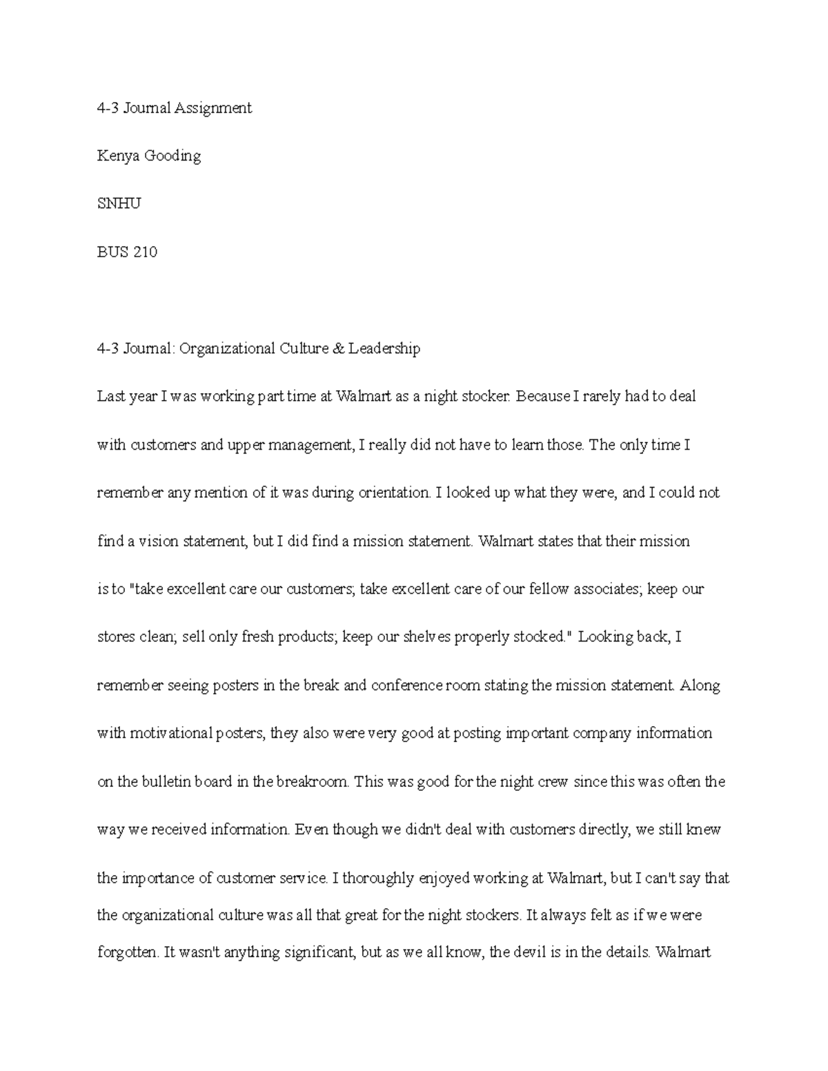 4-3 Journal Assignment - 4-3 Journal Assignment Kenya Gooding SNHU BUS ...