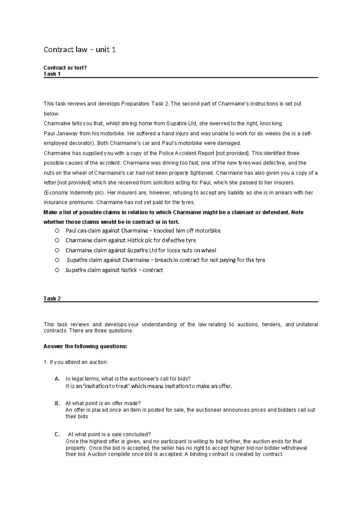 Contract Unit 1 Unit 1 Contract Law Unit 1 Contract Or Tort Task