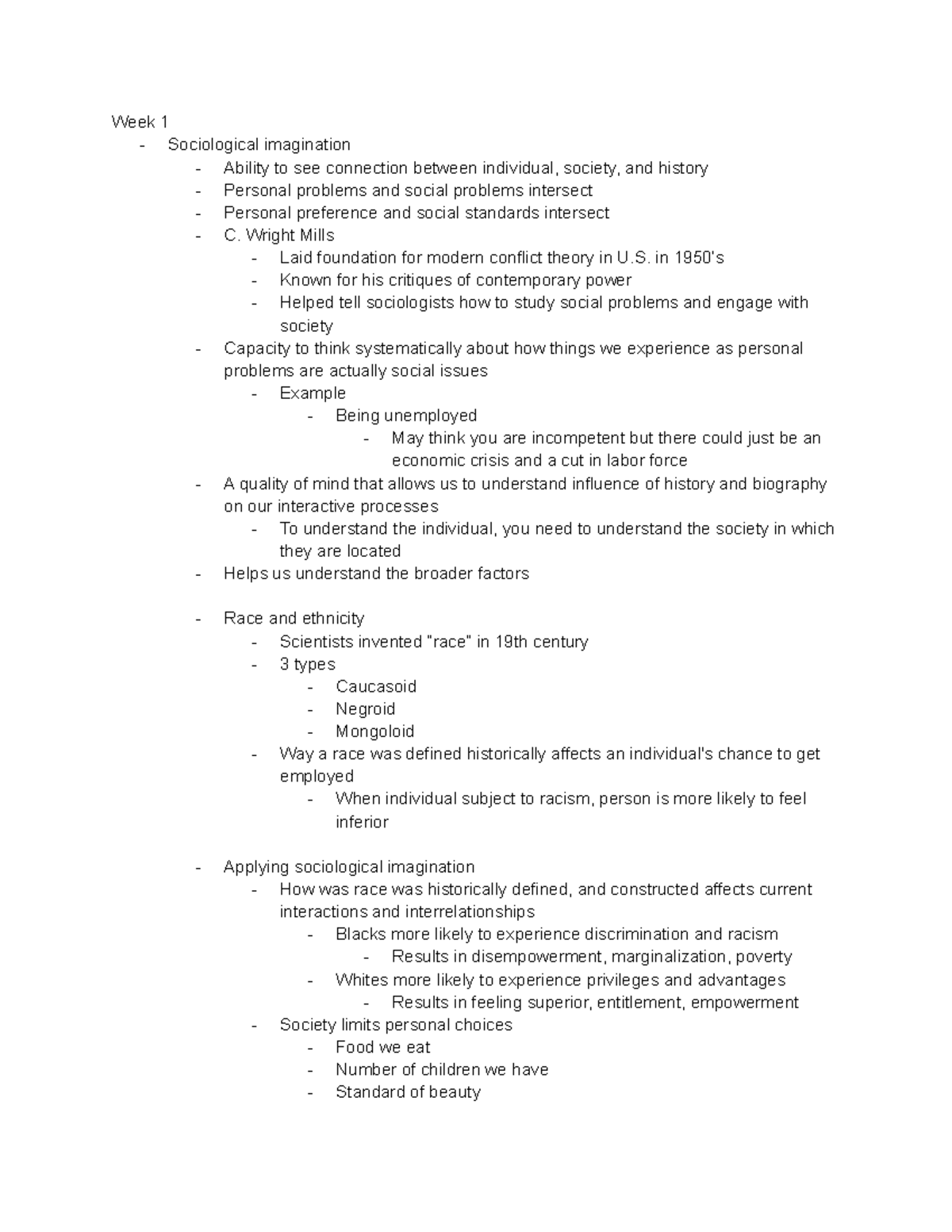 SOCI 1125 - notes - Week 1 - Sociological imagination - Ability to see ...