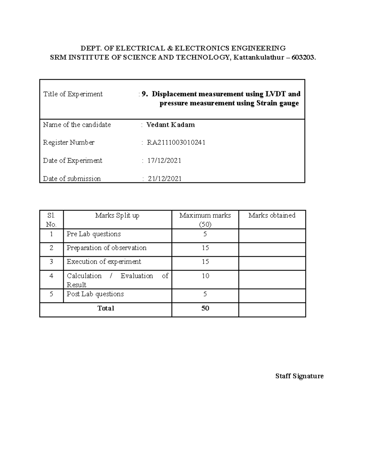 Experiment 9 Displacement measurement using LVDT and pressure