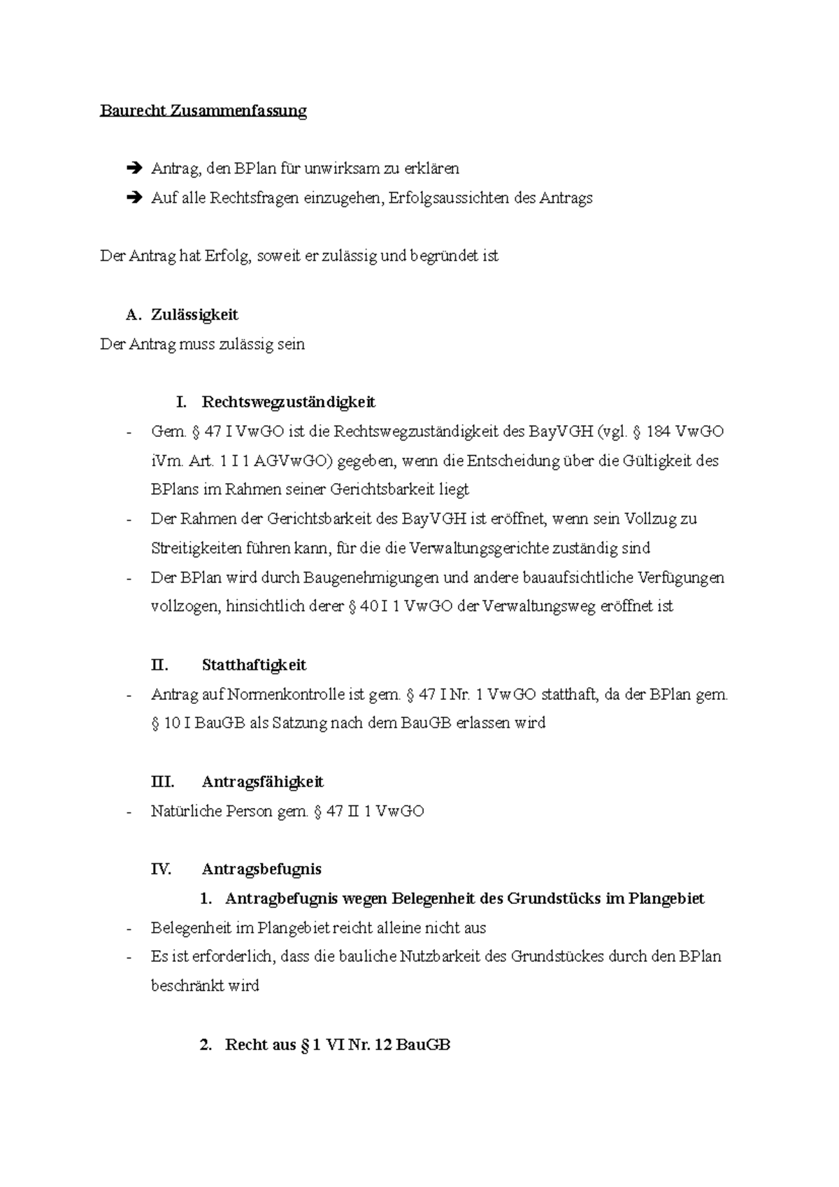 Baurecht Zusammenfassung - Der Antrag Muss Sein I. Gem. 47 I VwGO Ist ...