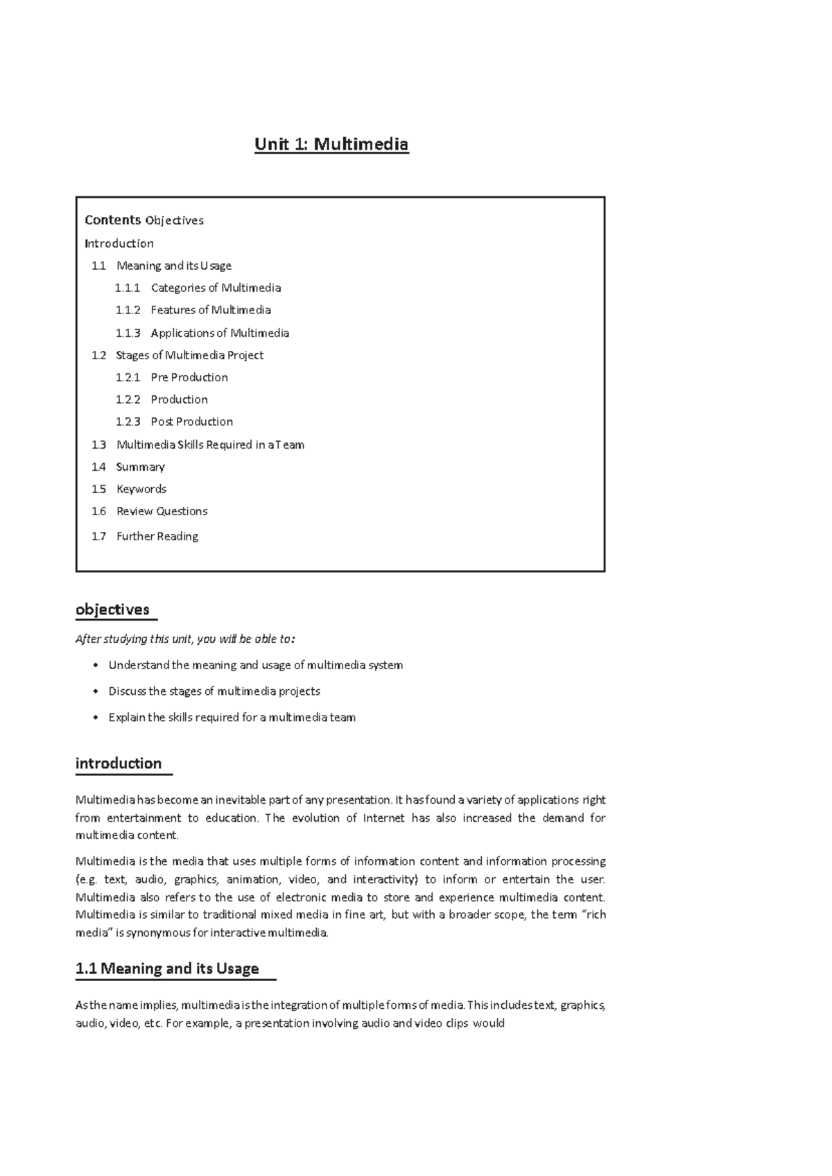 Multimedia Systems Unit1 Unit 1 Multimedia objectives After