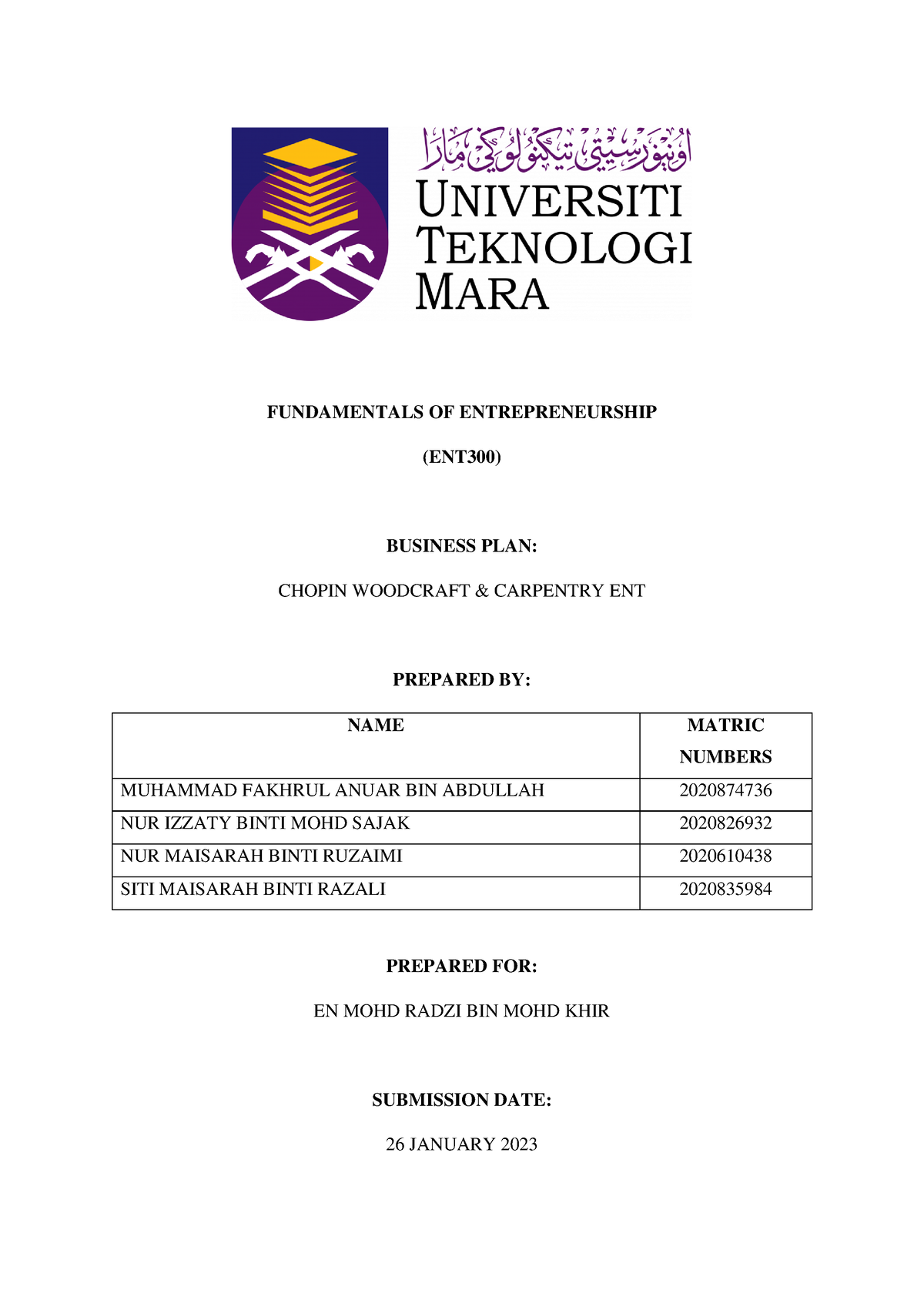 ent300 business plan assignment