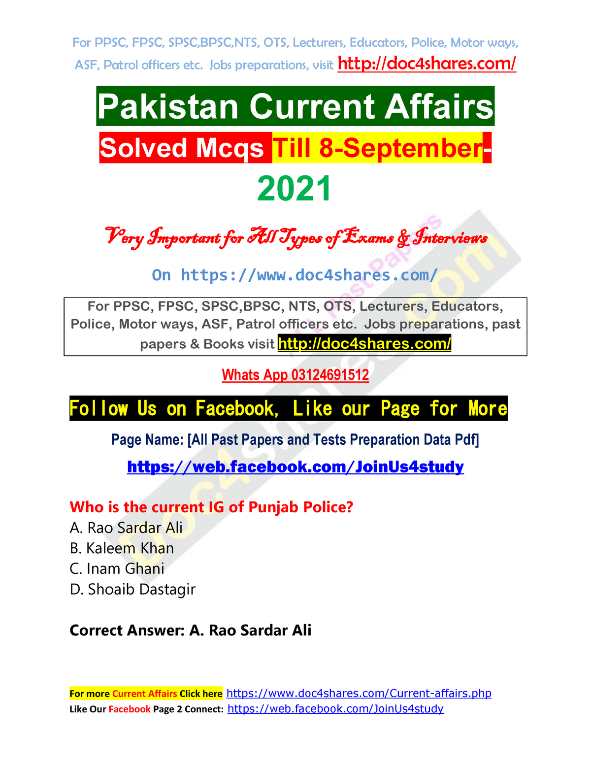 Pakistan Current Affairs Solved Mcqs Till 8-September-2021 - ASF ...