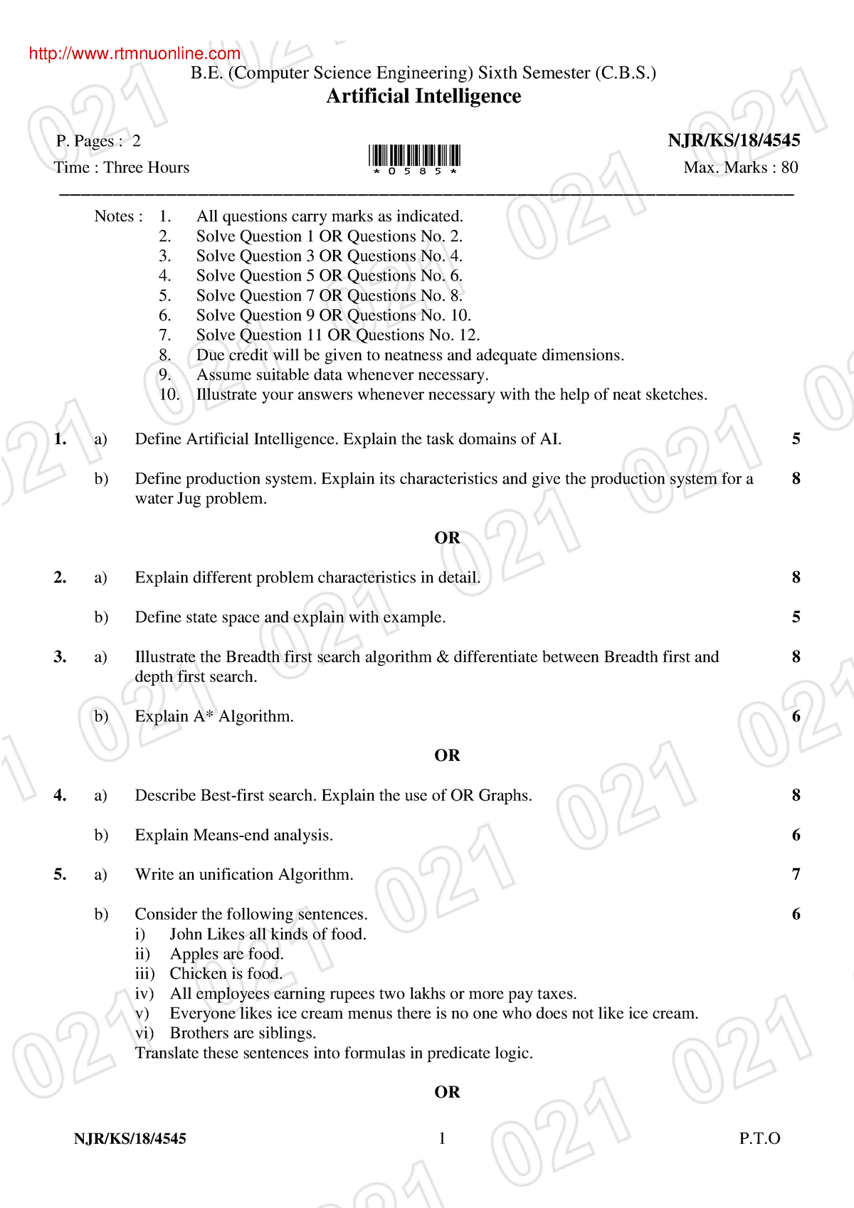 Cse 6 sem artificial intelligence summer 2018 - NJR/KS/18/4545 1 P.T B ...