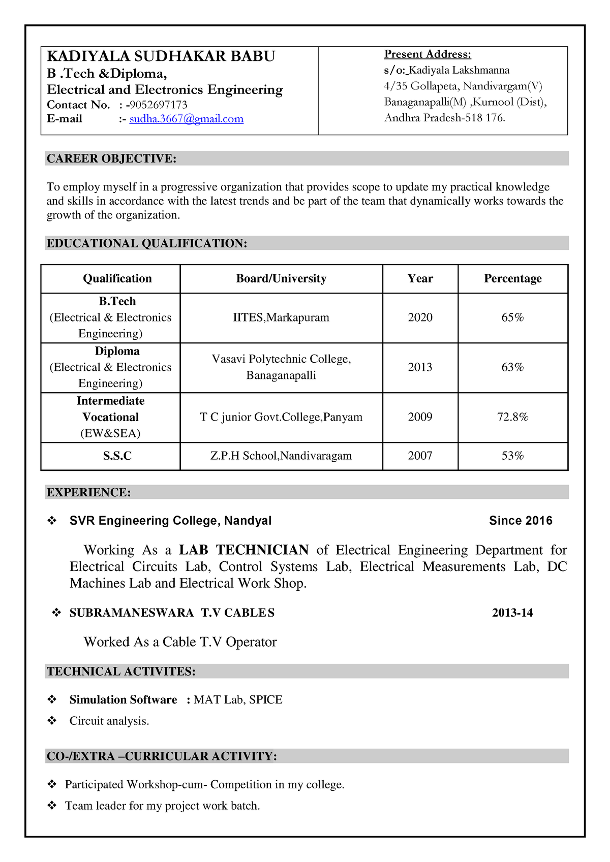 Sudhakar Resume 2022 - MYSELF - KADIYALA SUDHAKAR BABU B .Tech &Diploma ...