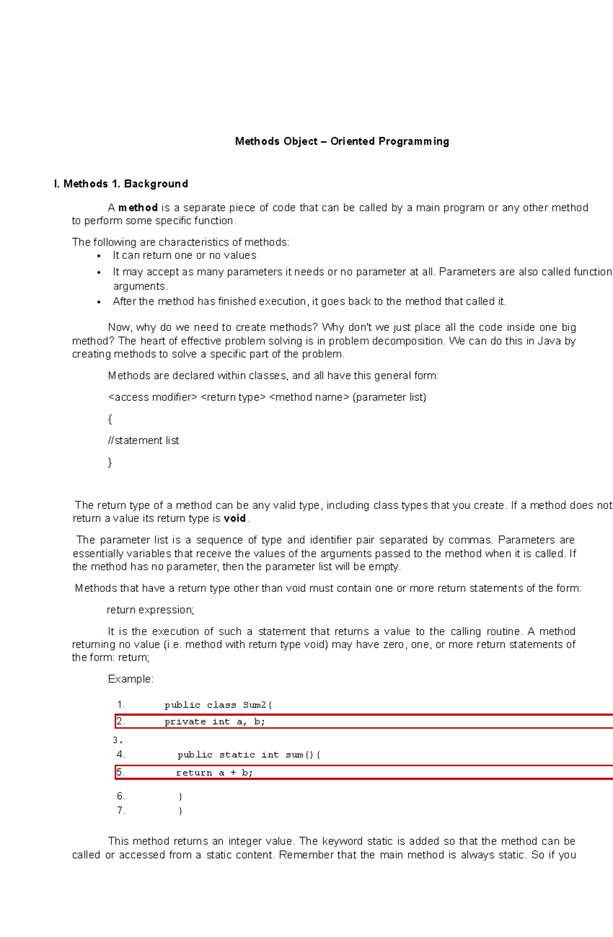 Methods Object – Oriented Programming - Methods Object – Oriented ...