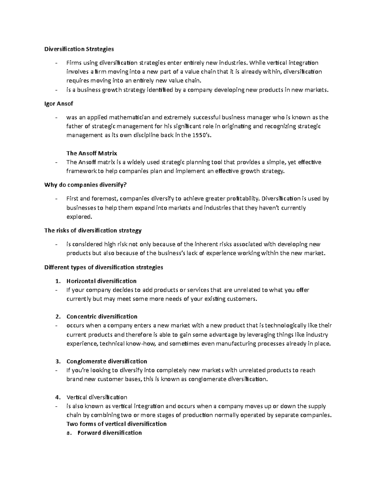 Diversification Strategies - While vertical integration involves a firm ...