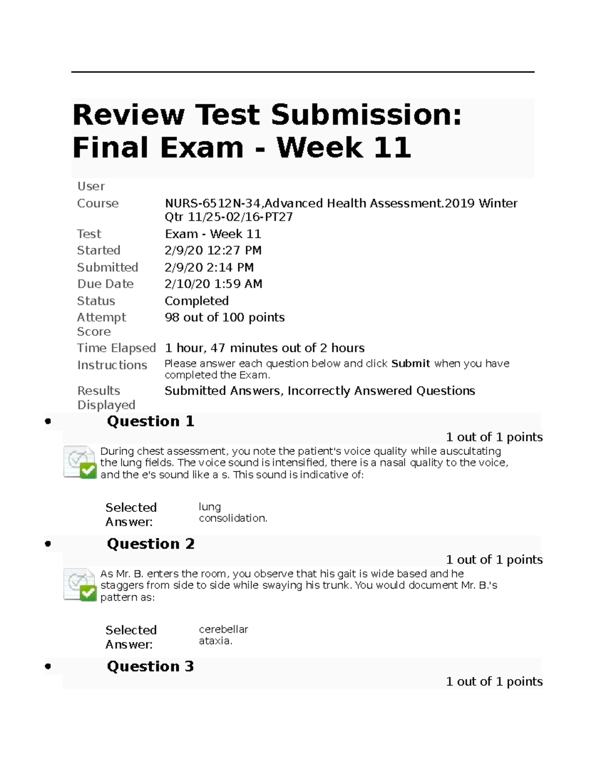 6512 Final Exam Week 11 assignments Review Test Submission Final Exam Week 11 User Course