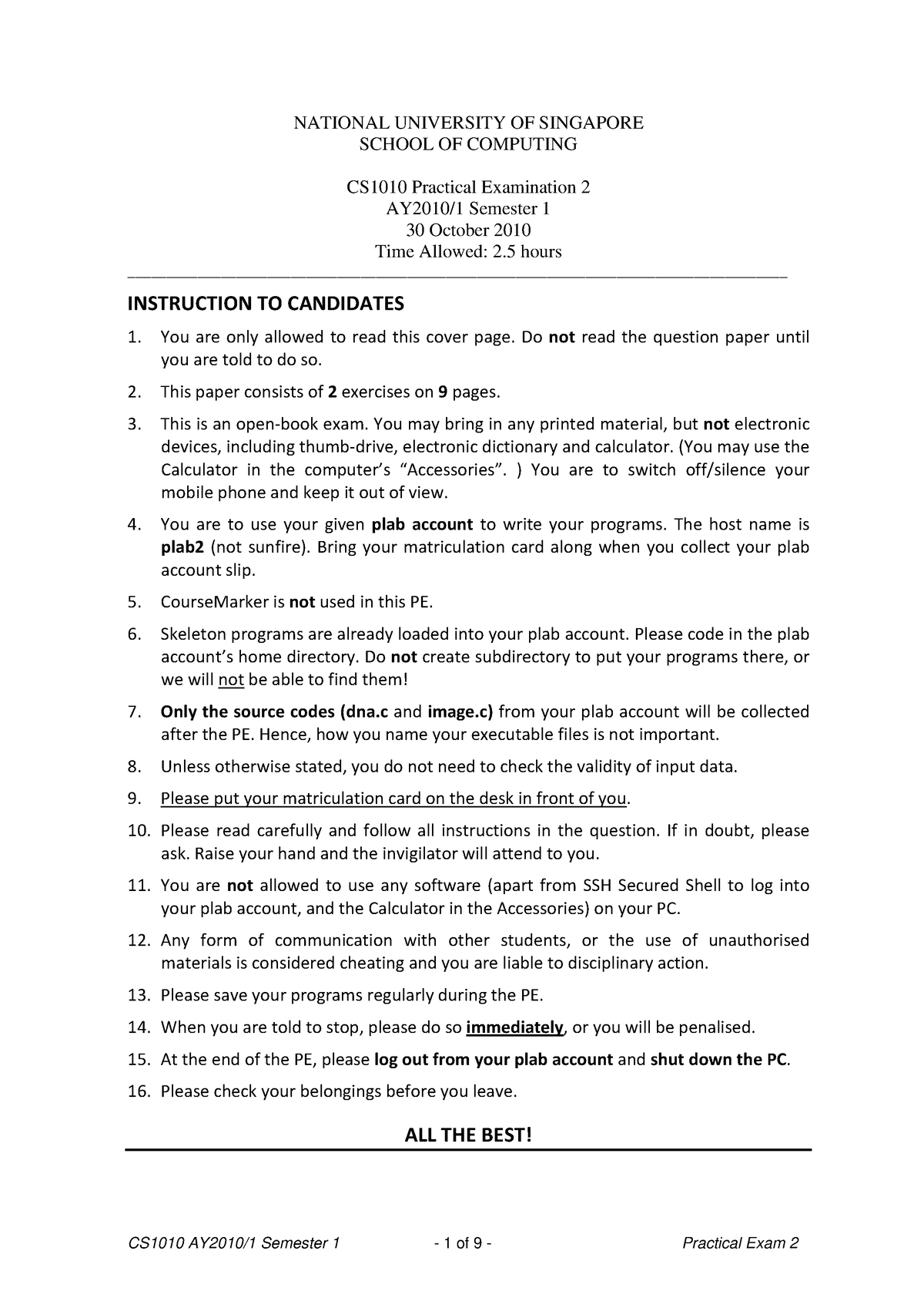 PE2 Cs1010 Paper - NATIONAL UNIVERSITY OF SINGAPORE SCHOOL OF COMPUTING ...