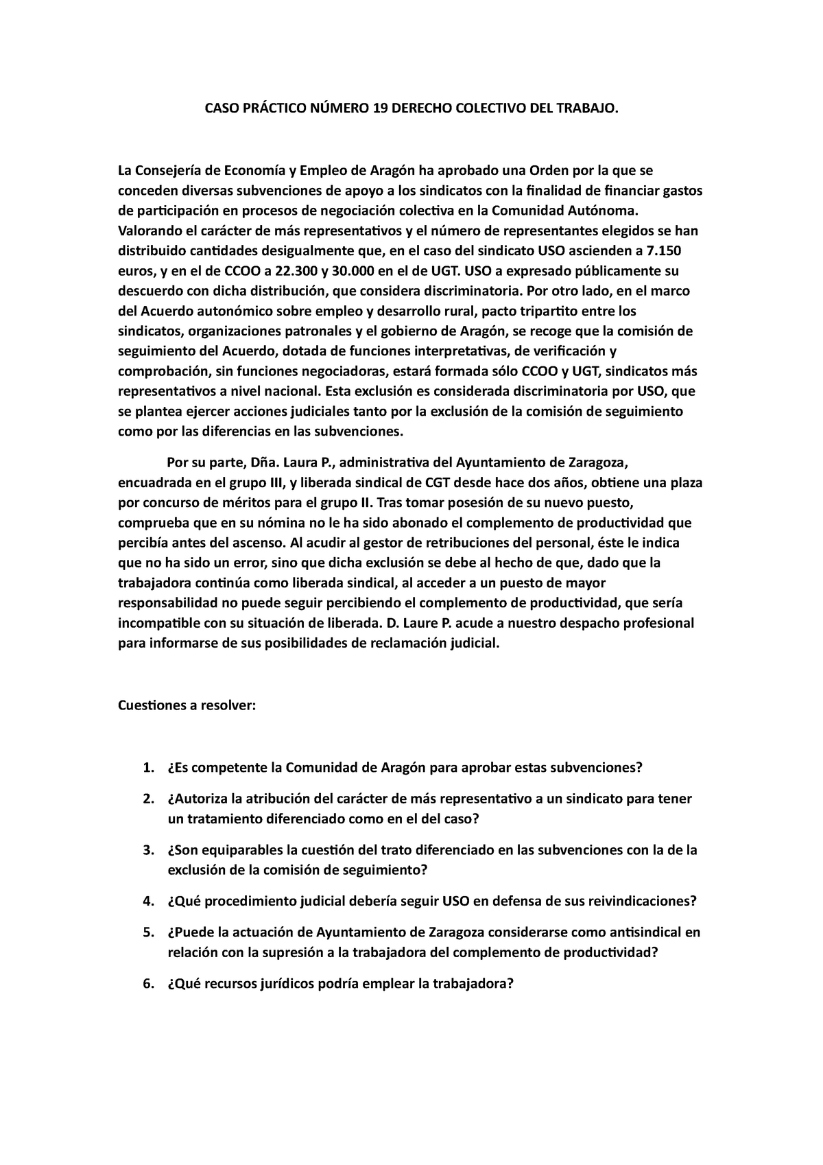 Caso 19 Derecho Colectivo Caso PrÁctico NÚmero 19 Derecho Colectivo Del Trabajo La Consejería 4696