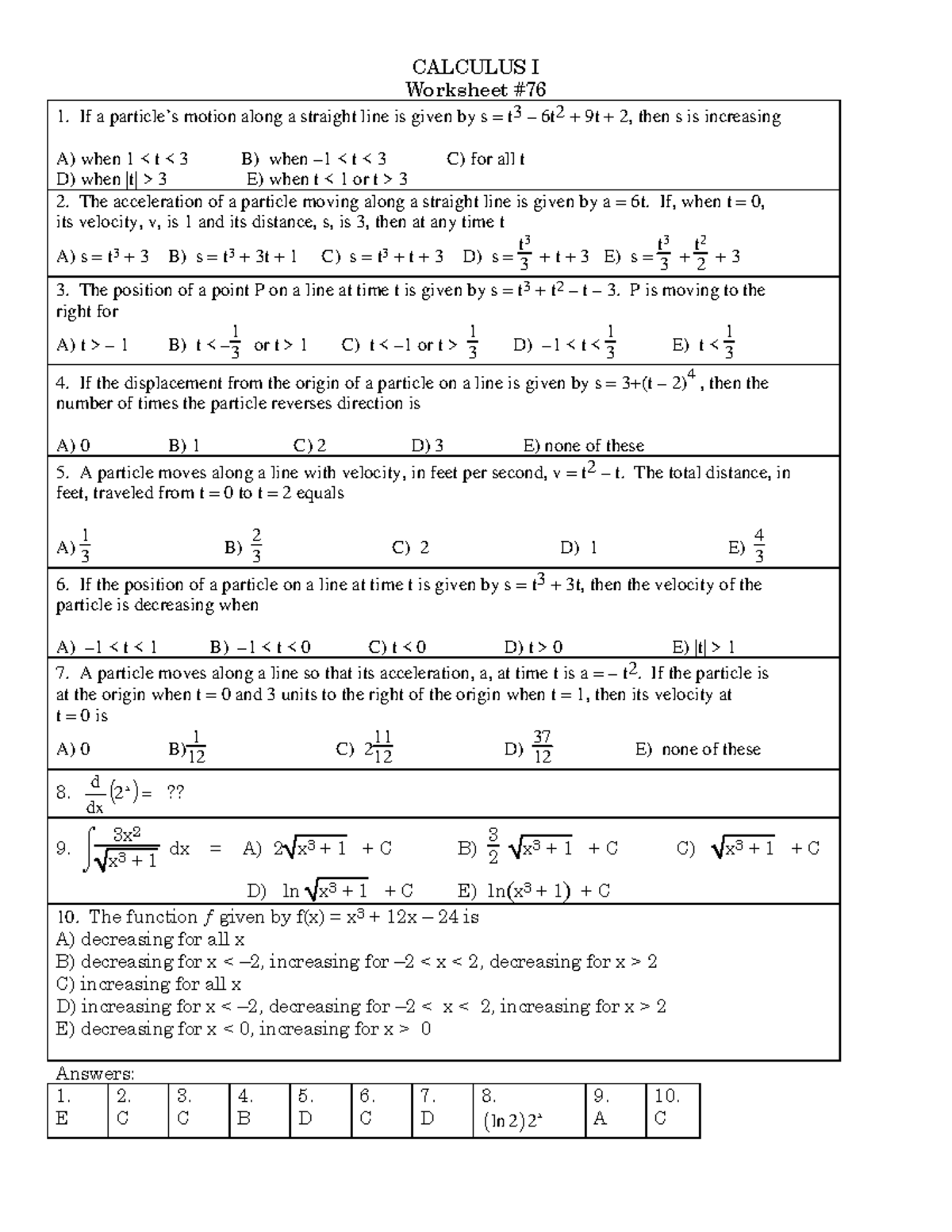 AB ws 076 review - Dr. Myers calculus study worksheet with answer key ...