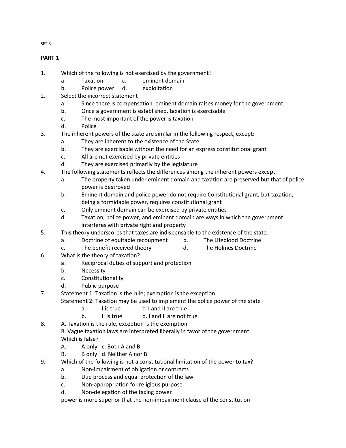 1 SET B Pre - taxation - SET B PART 1 Which of the following is not ...