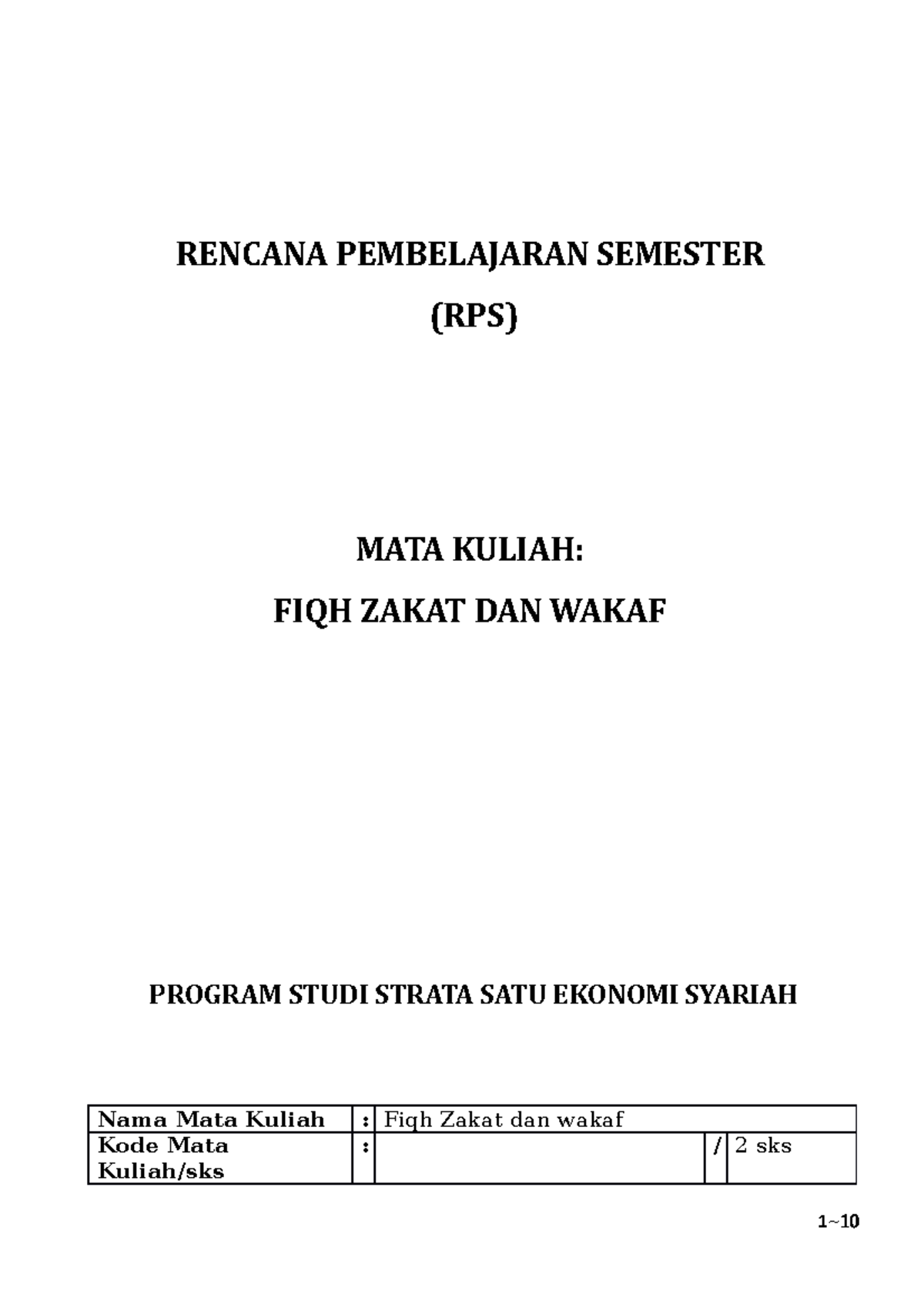 RPS FIQH Zakat DAN Wakaf - RENCANA PEMBELAJARAN SEMESTER (RPS) MATA ...