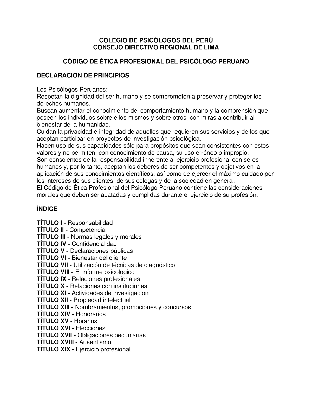 Código De ética Del Psicólogo Peruano Colegio De PsicÓlogos Del PerÚ Consejo Directivo 