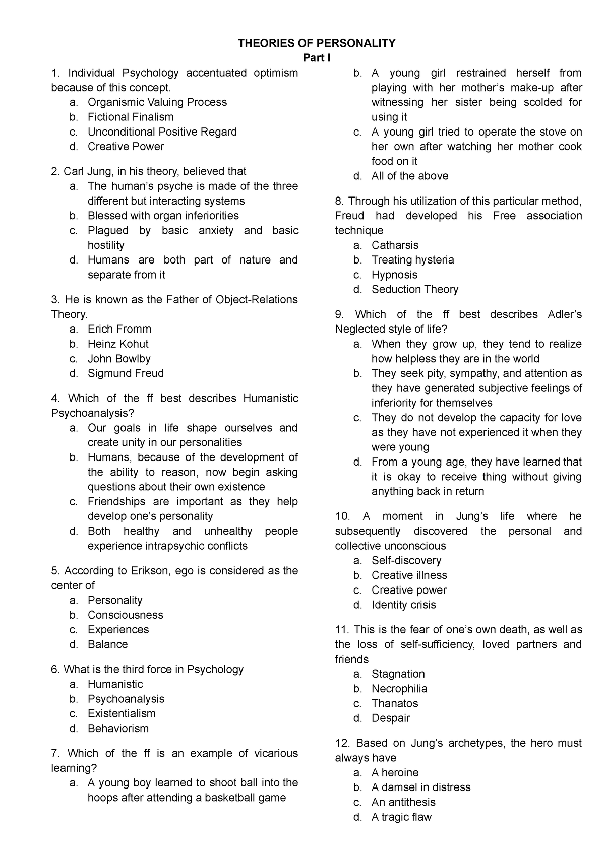 TOP Questions PART I - N/A - Part I Individual Psychology accentuated ...