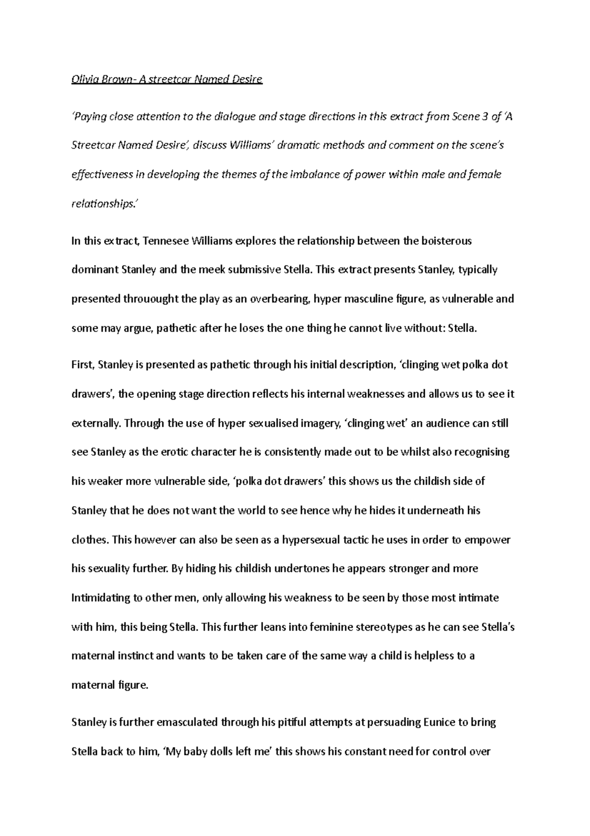 Streetcar Draft - Olivia Brown- A streetcar Named Desire ‘Paying close