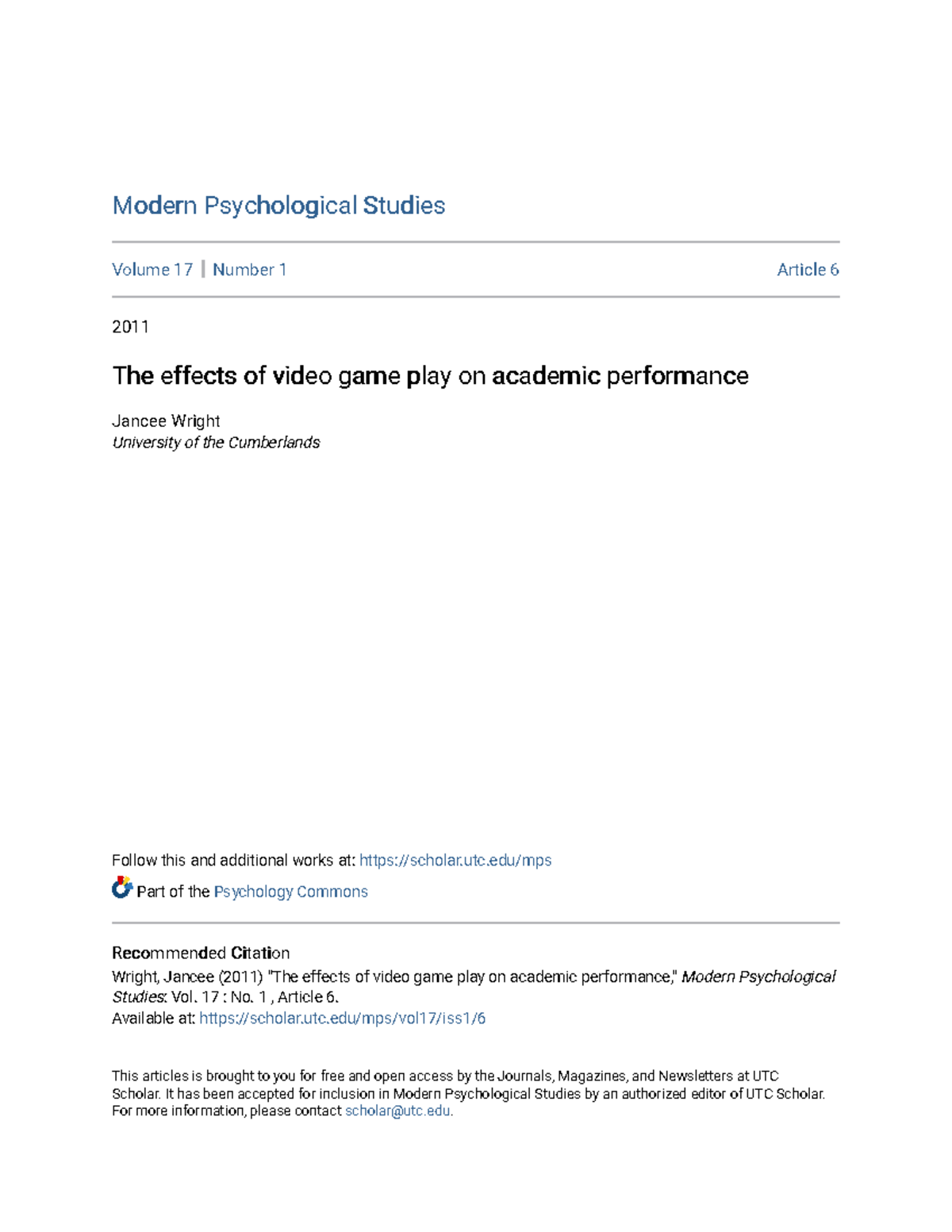 The effects of video game play on academic performance - utc/mps Part ...