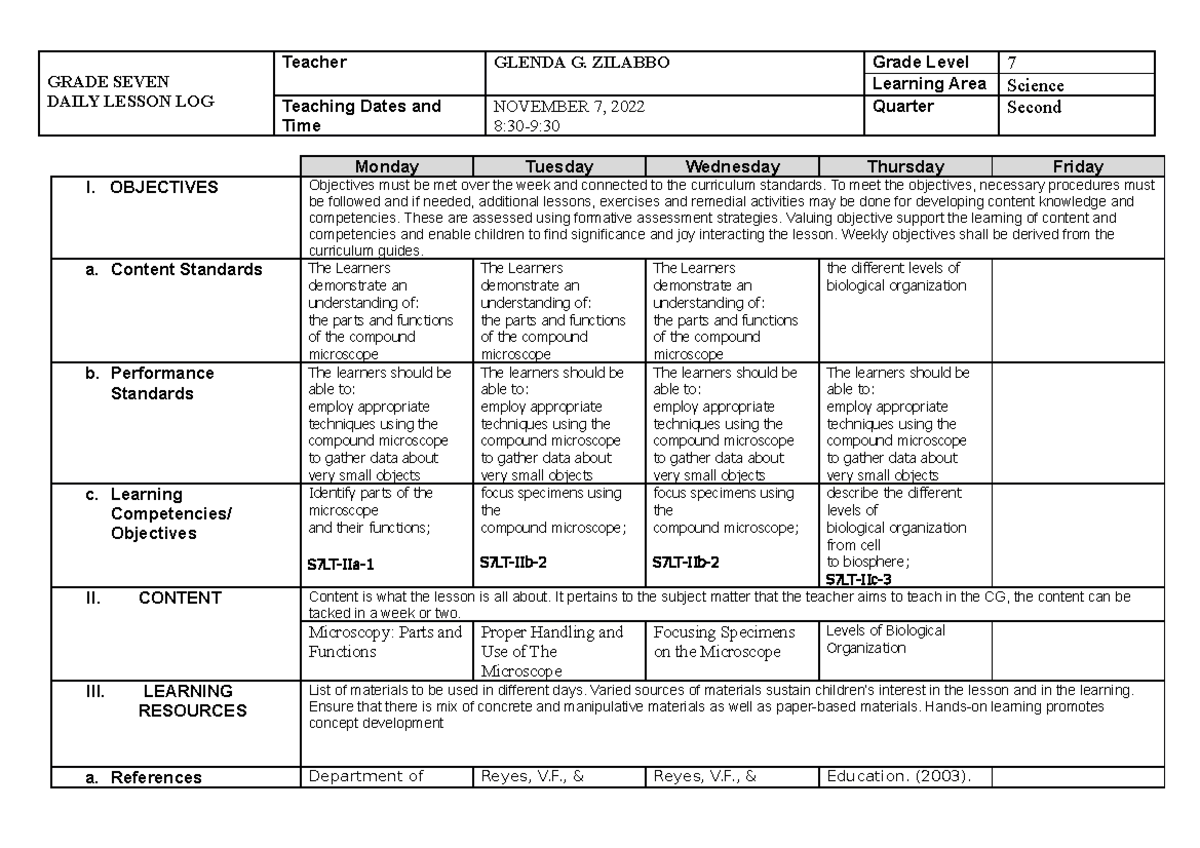 G7-dll-science - n/a - GRADE SEVEN DAILY LESSON LOG Teacher GLENDA G ...