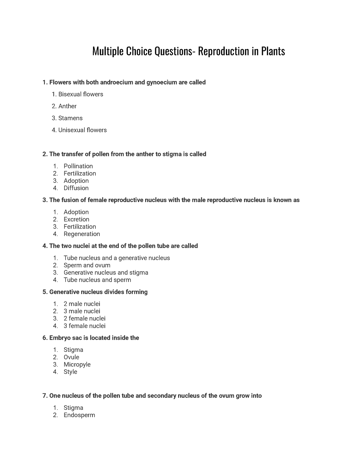 MCQ S- Reproduction In Plants - Multiple Choice Reproduction In Plants ...