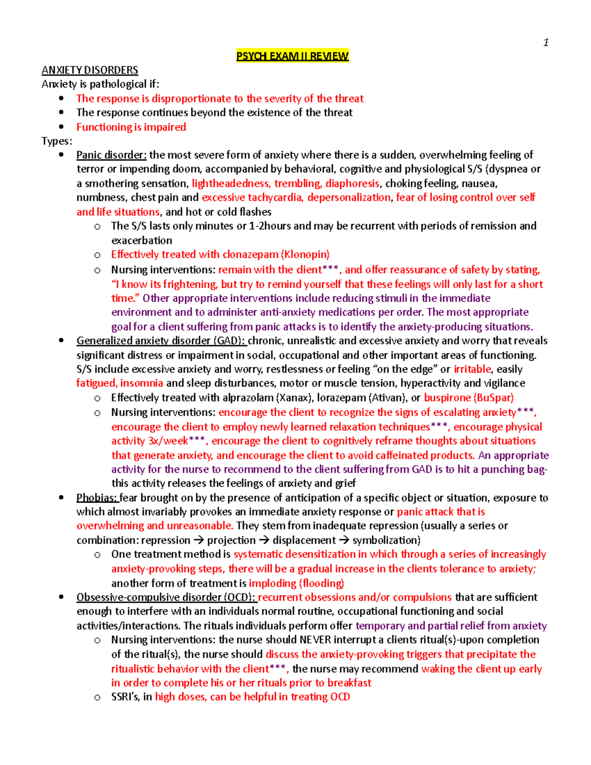 Psych EXAM 2 Review 1 - PSYCH EXAM II REVIEW ANXIETY DISORDERS Anxiety ...