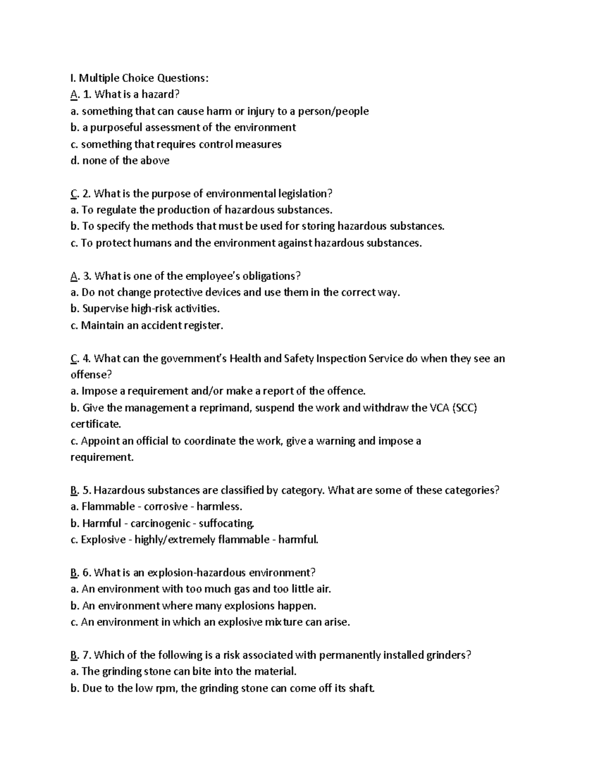 Basic Occupational Safety and Health - I. Multiple Choice Questions: A ...