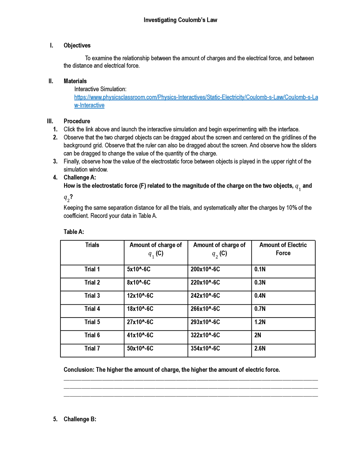 (Coulomb's Law Activity) - Investigating Coulomb’s Law I. Objectives To ...